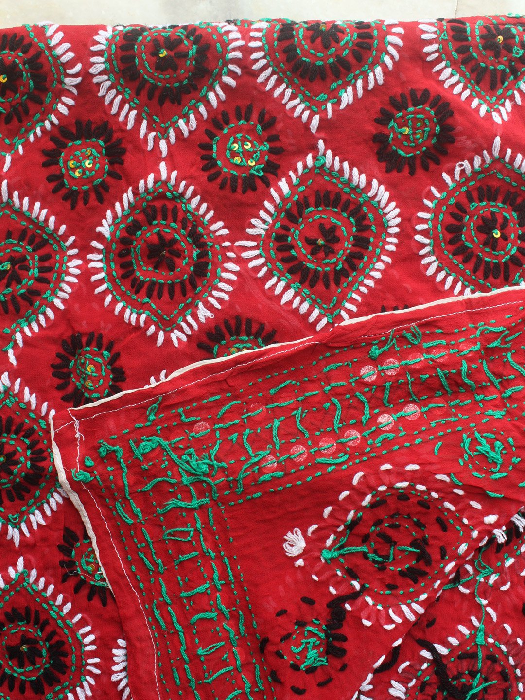 Black-and-white-fulkari-on-red-georgette-dupatta