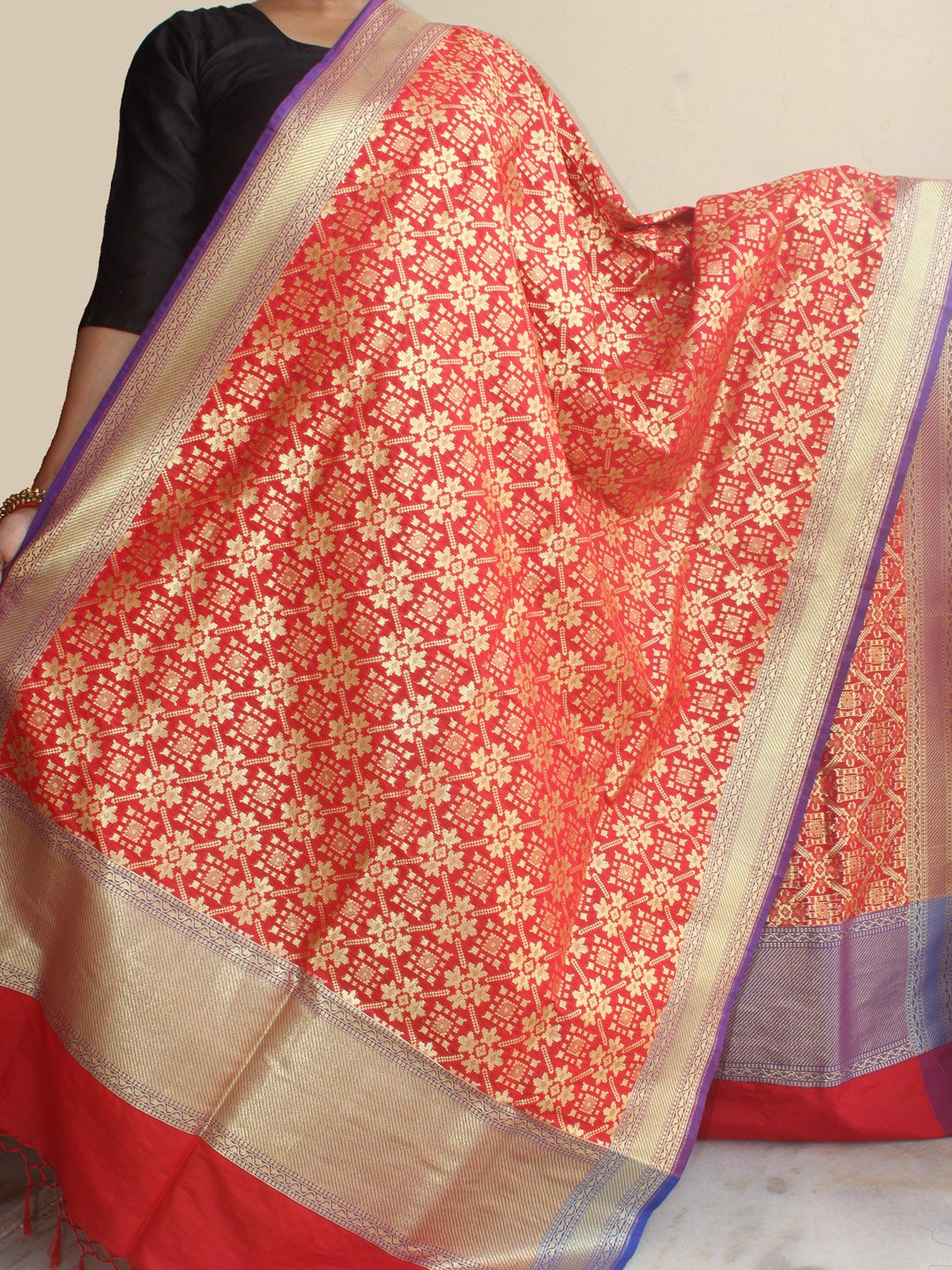 Blue-Border,-Red-Banarasi-Dupatta Blue-Border,-Red-Banarasi-Dupatta