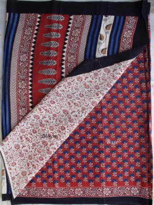 Blue-and-Dark-red-bagru-printed-pure-cotton-saree