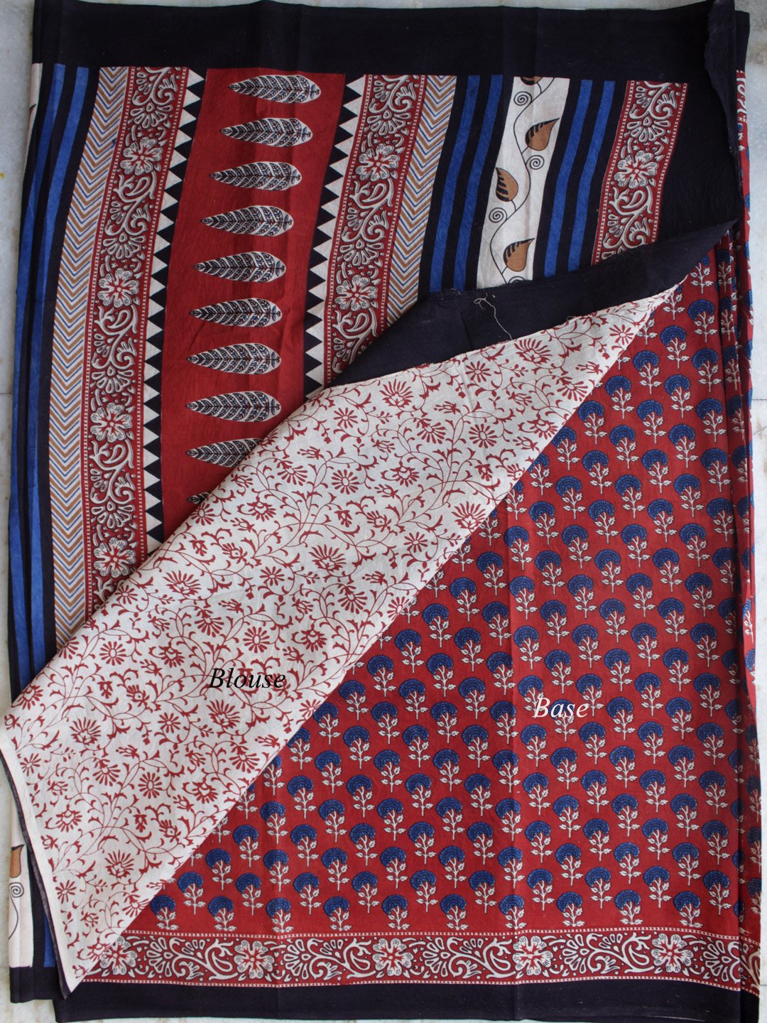 Blue-and-Dark-red-bagru-printed-pure-cotton-saree Blue-and-Dark-red-bagru-printed-pure-cotton-saree