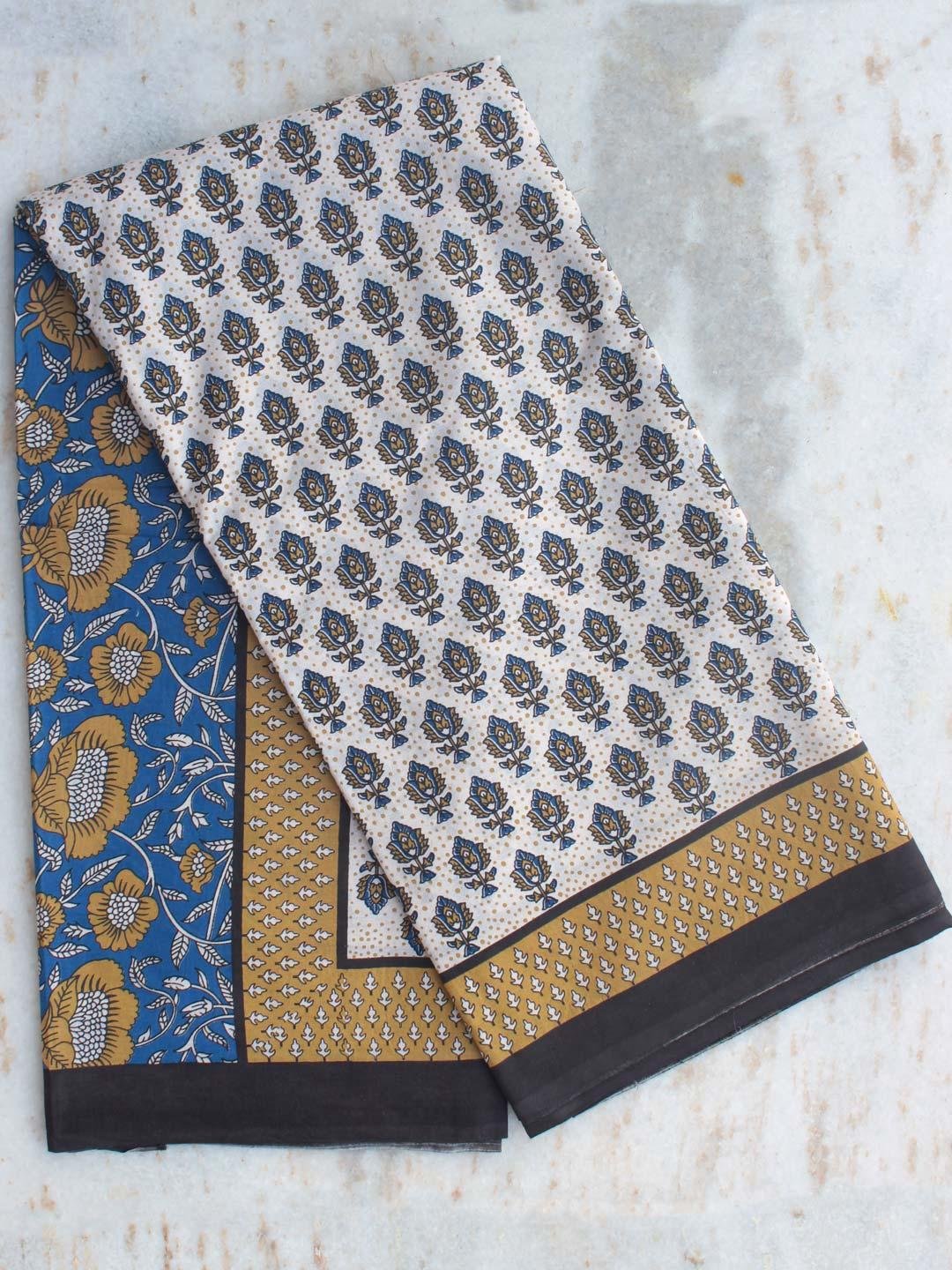 Blue-and-brown-block-print-mul-cotton-saree.-Shilphaat Blue-and-brown-block-print-mul-cotton-saree.-Shilphaat
