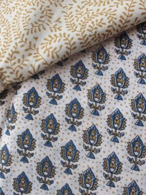 Blue-and-brown-wood-block-print-mulmul-cotton-saree.Shilphaat