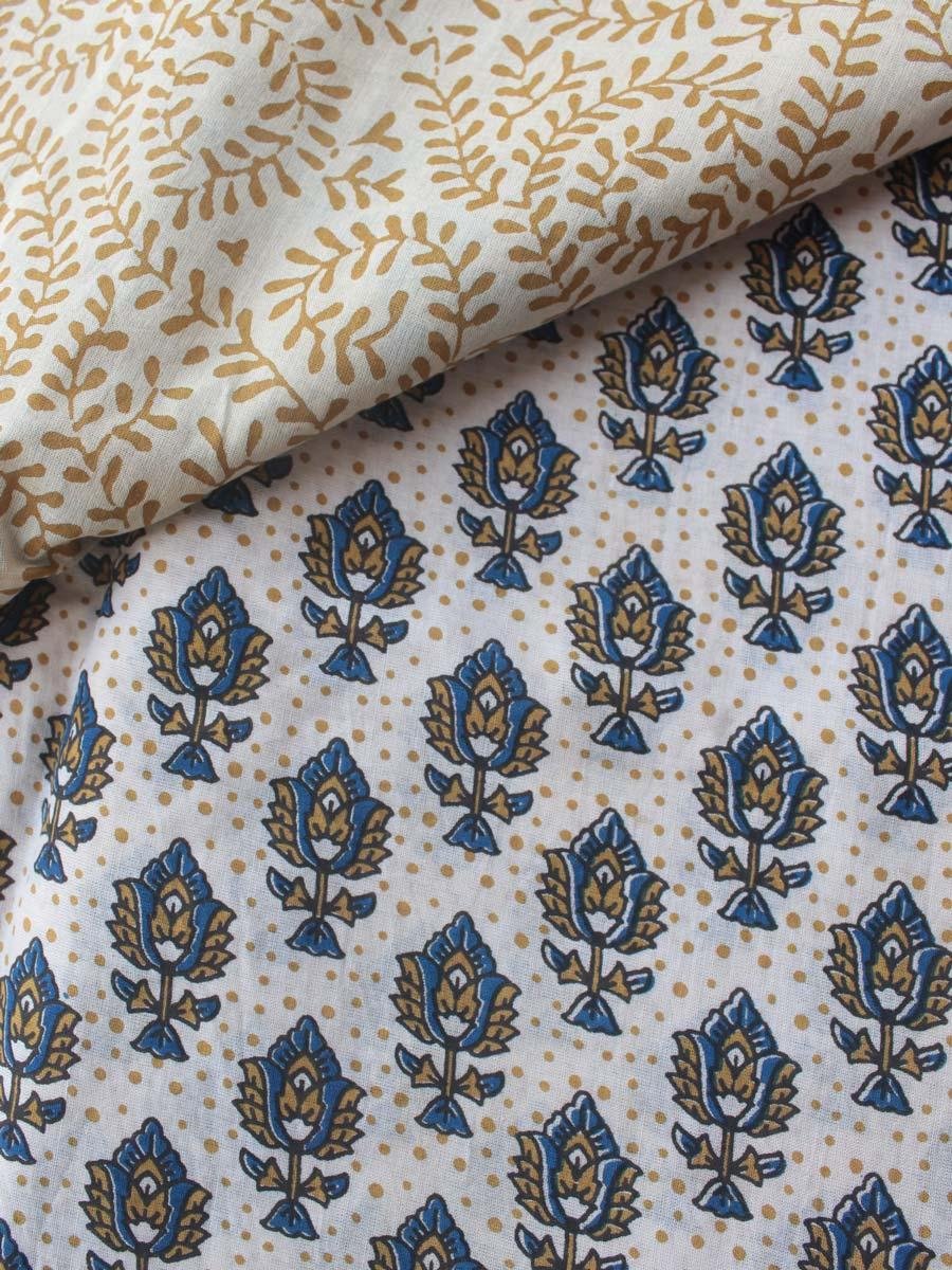 Blue-and-brown-wood-block-print-mulmul-cotton-saree.Shilphaat Blue-and-brown-wood-block-print-mulmul-cotton-saree.Shilphaat