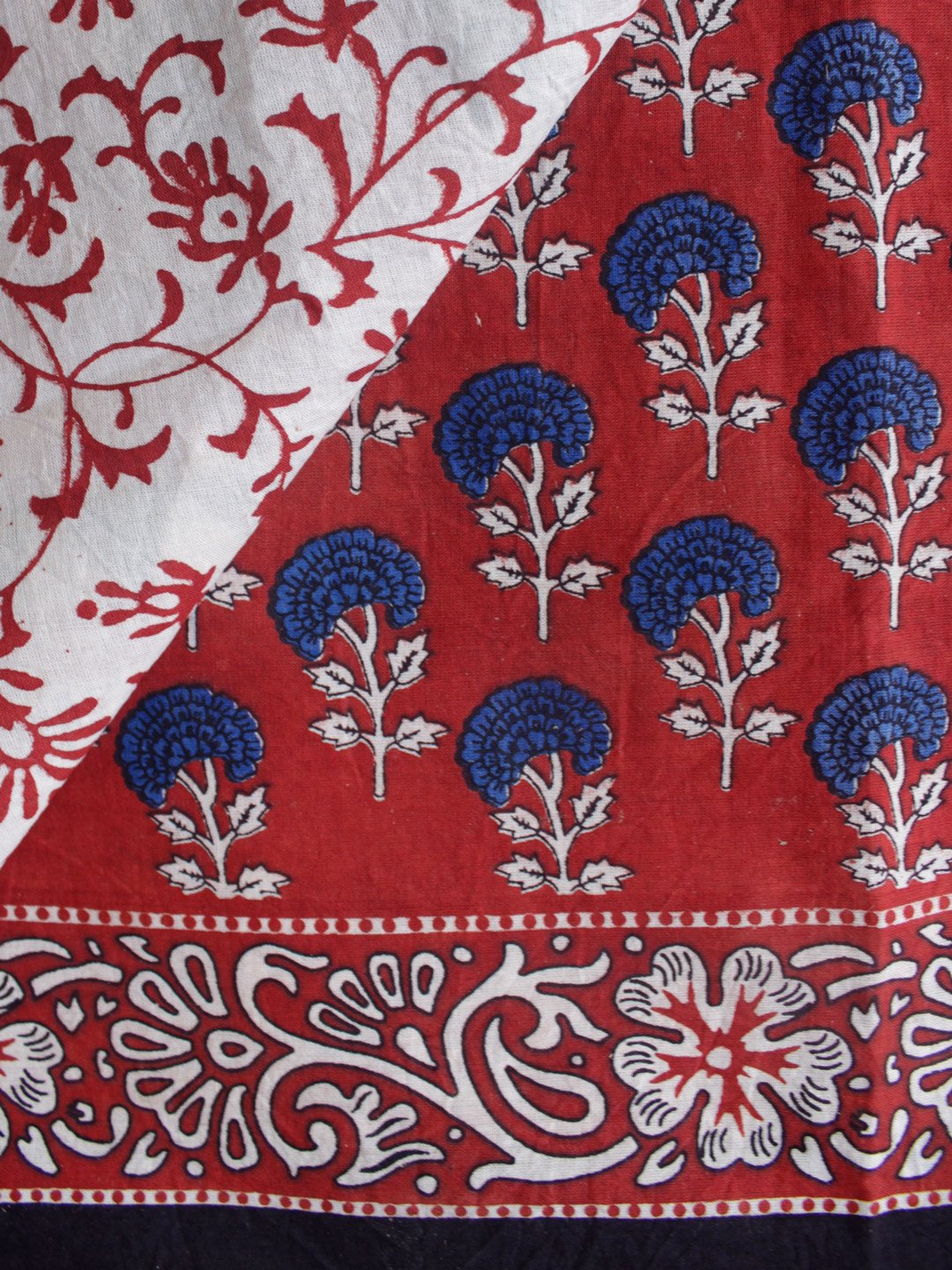 Blue-and-dark-red-mulmul-cotton-handblock-print-sari