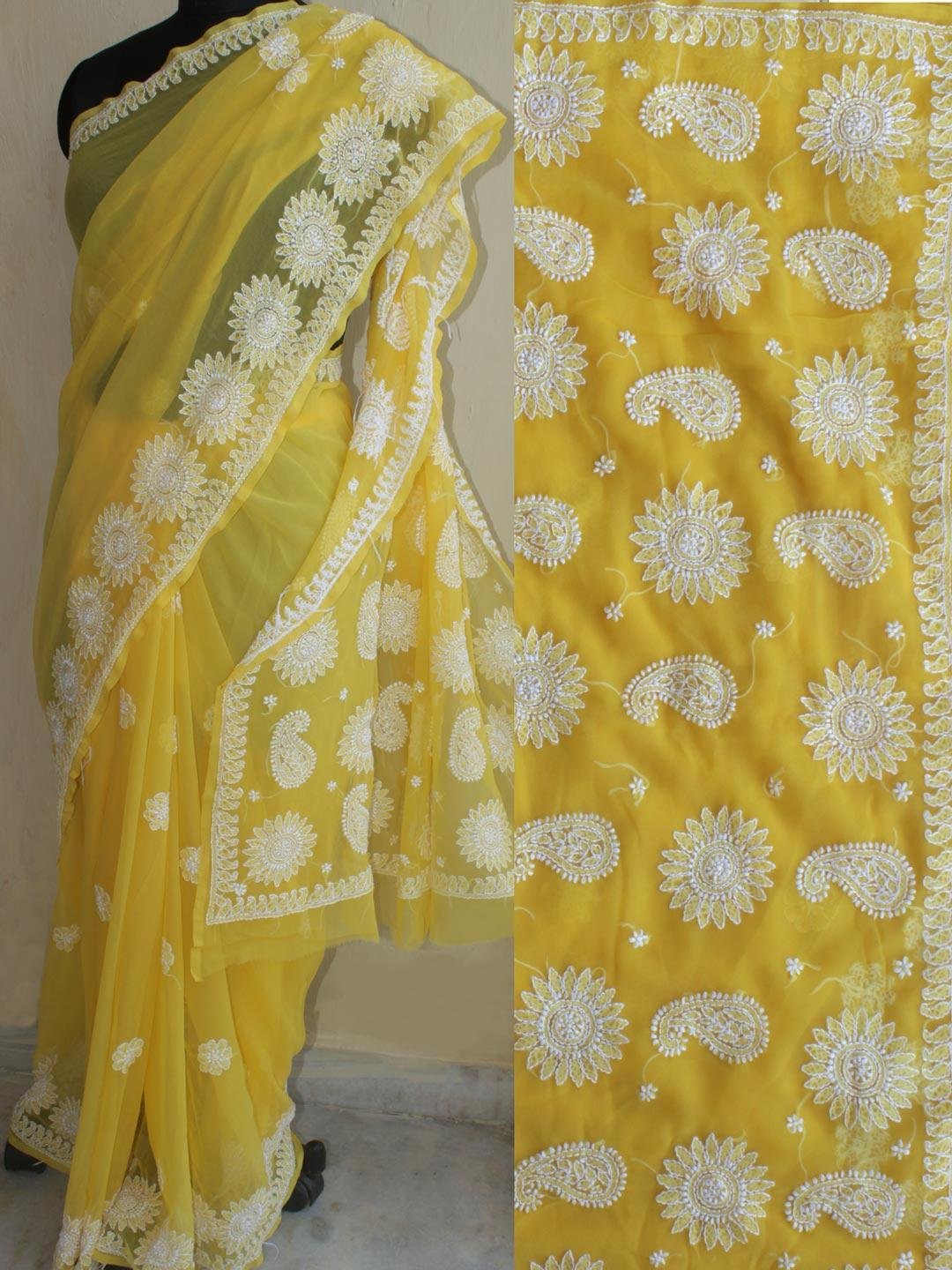 Bright-yellow-georgette-chikankari-sari Bright-yellow-georgette-chikankari-sari at Shilphaat