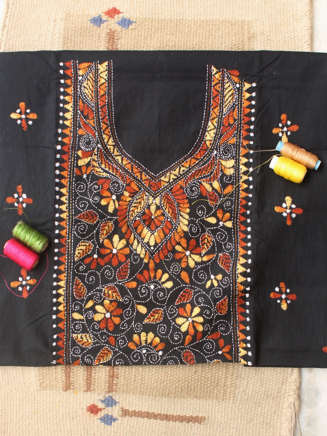 Brown-KanthaaWork-on-Black-cotton-kurta-fabric Brown-KanthaaWork-on-Black-cotton-kurta-fabric