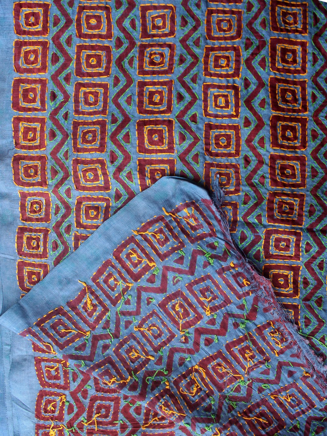 Cyan-Blue-Block-printed-kantha-emroidered-silk-dupatta Cyan-Blue-Block-printed-kantha-emroidered-silk-dupatta