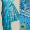 Cyan-blue-kanthawork-embroiderd--silk-sari at Shilphaat.com