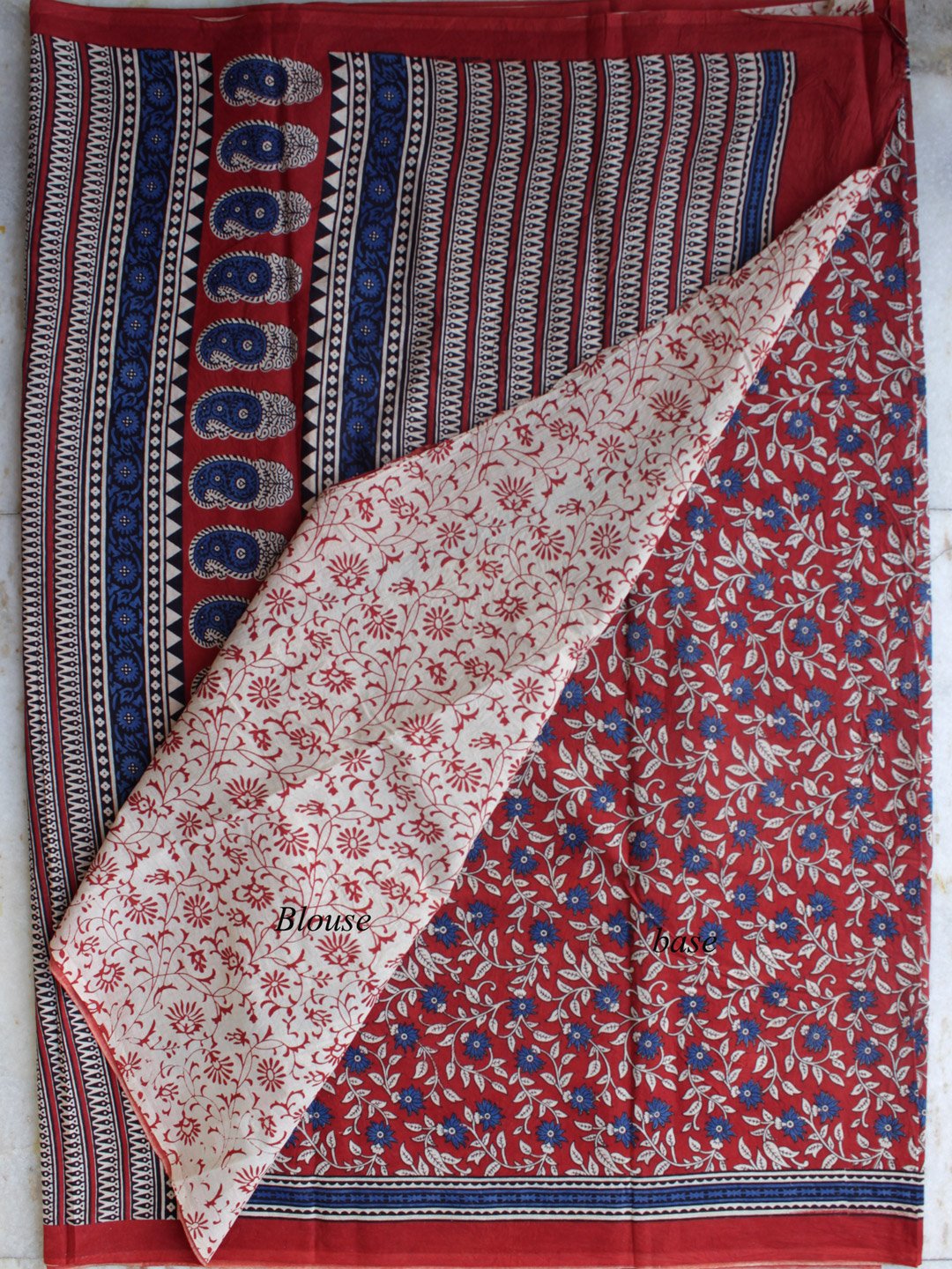 Dark-red-and-blue-bagru-printed-cotton-sari Dark-red-and-blue-bagru-printed-cotton-sari
