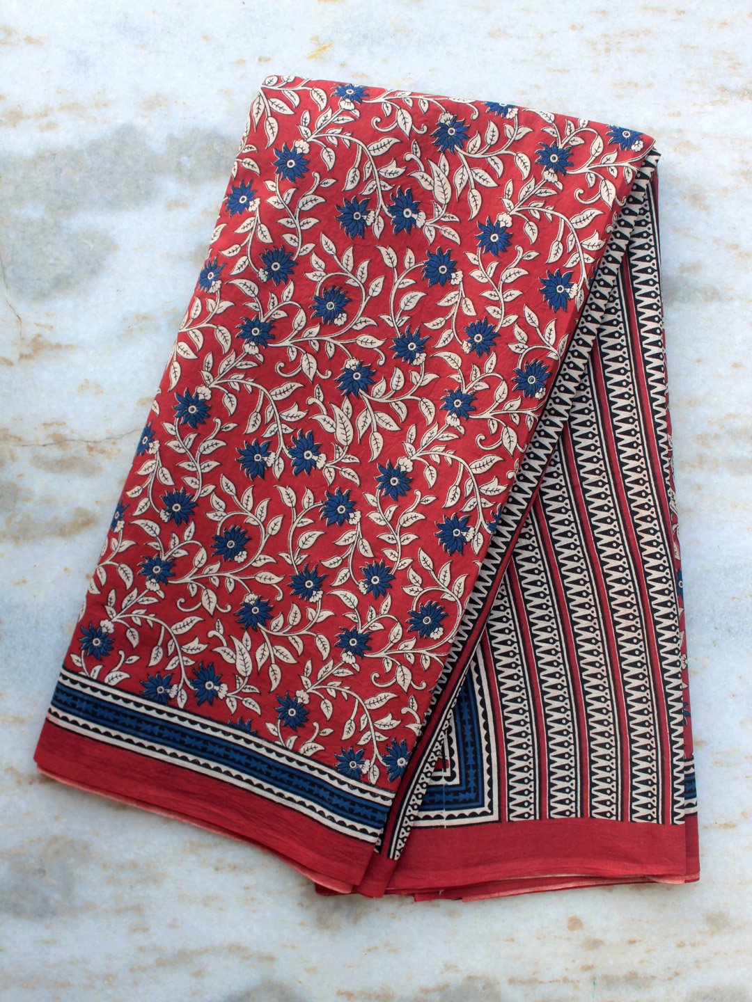 Dark-red-and-blue-block-printed-mul-cotton-saree Dark-red-and-blue-block-printed-mul-cotton-saree