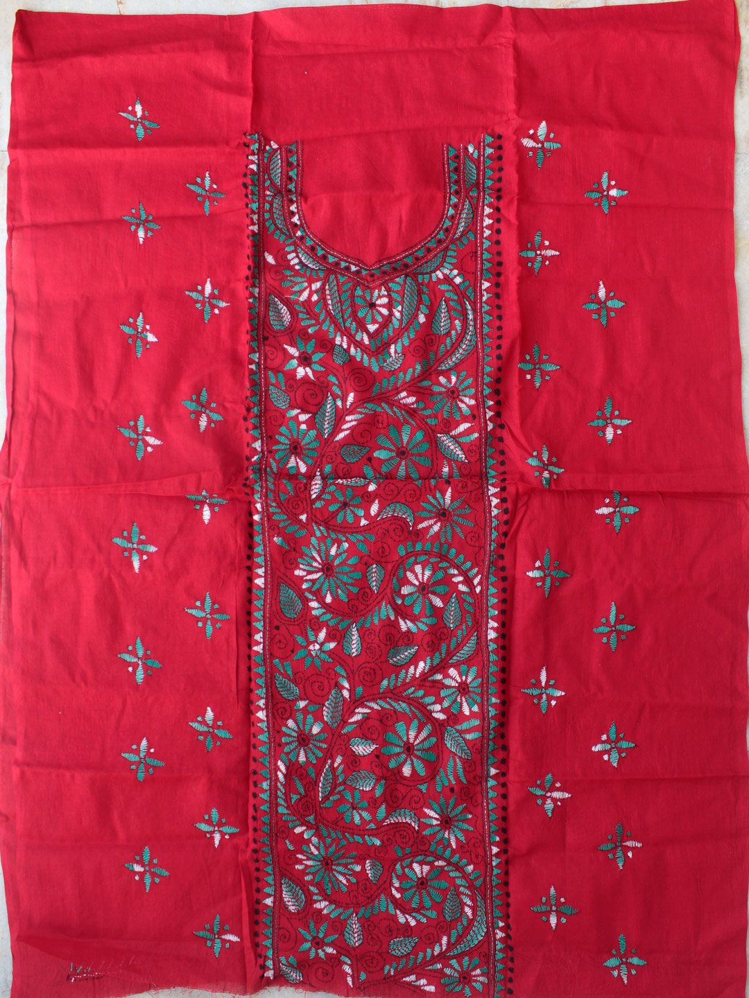 Dark-red-and-green-kanthaa-embroidered-unstitched-kurta-for-women