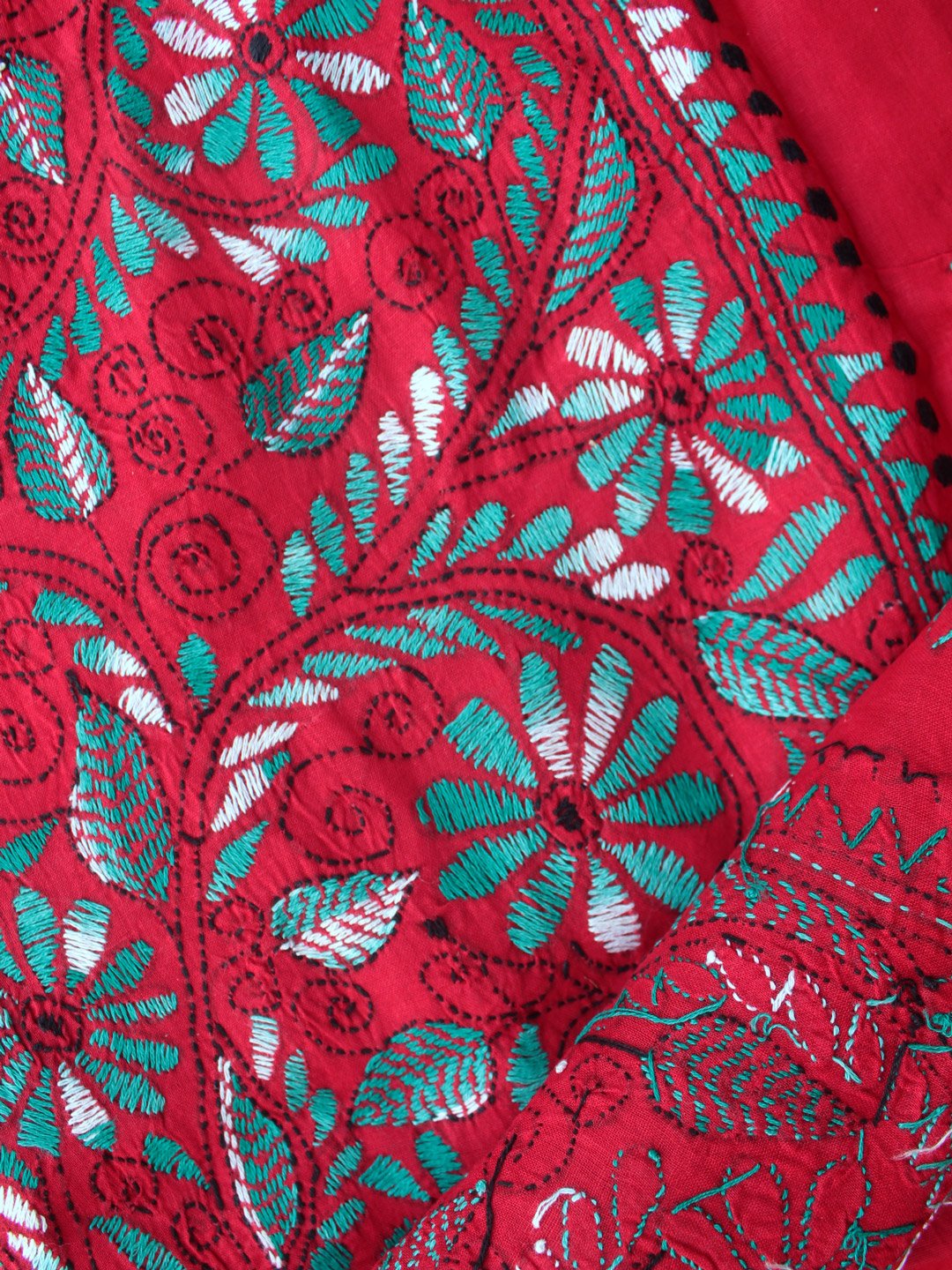 Dark-red-and-green-kanthawork-cotton-kurta-for-women