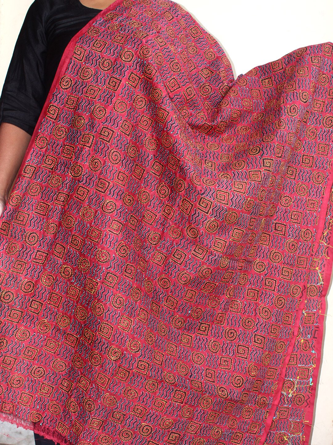 Dark-red-block-printed-kanthawork-pure-silk-dupatta Dark-red-block-printed-kanthawork-pure-silk-dupatta