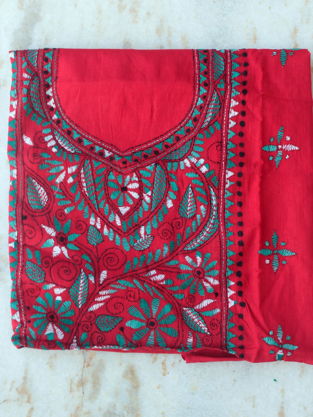 Dark-red,-green-and-white-kanthawork-cotton-ladies-kurta-fabric Dark-red,-green-and-white-kanthawork-cotton-ladies-kurta-fabric