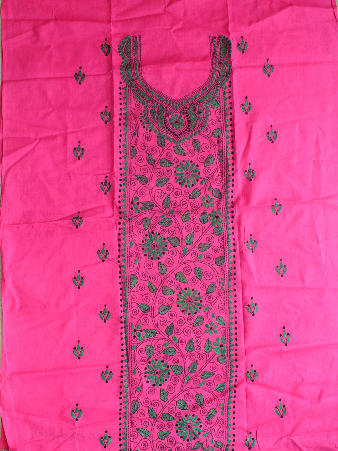 Green-and-pink-kanthawork-cotton-kurta-fabric