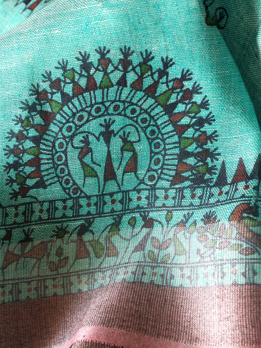 Green-and-wine-red-warl-linen-saree-shilphaat Green-and-wine-red-warl-linen-saree-Shilphaat