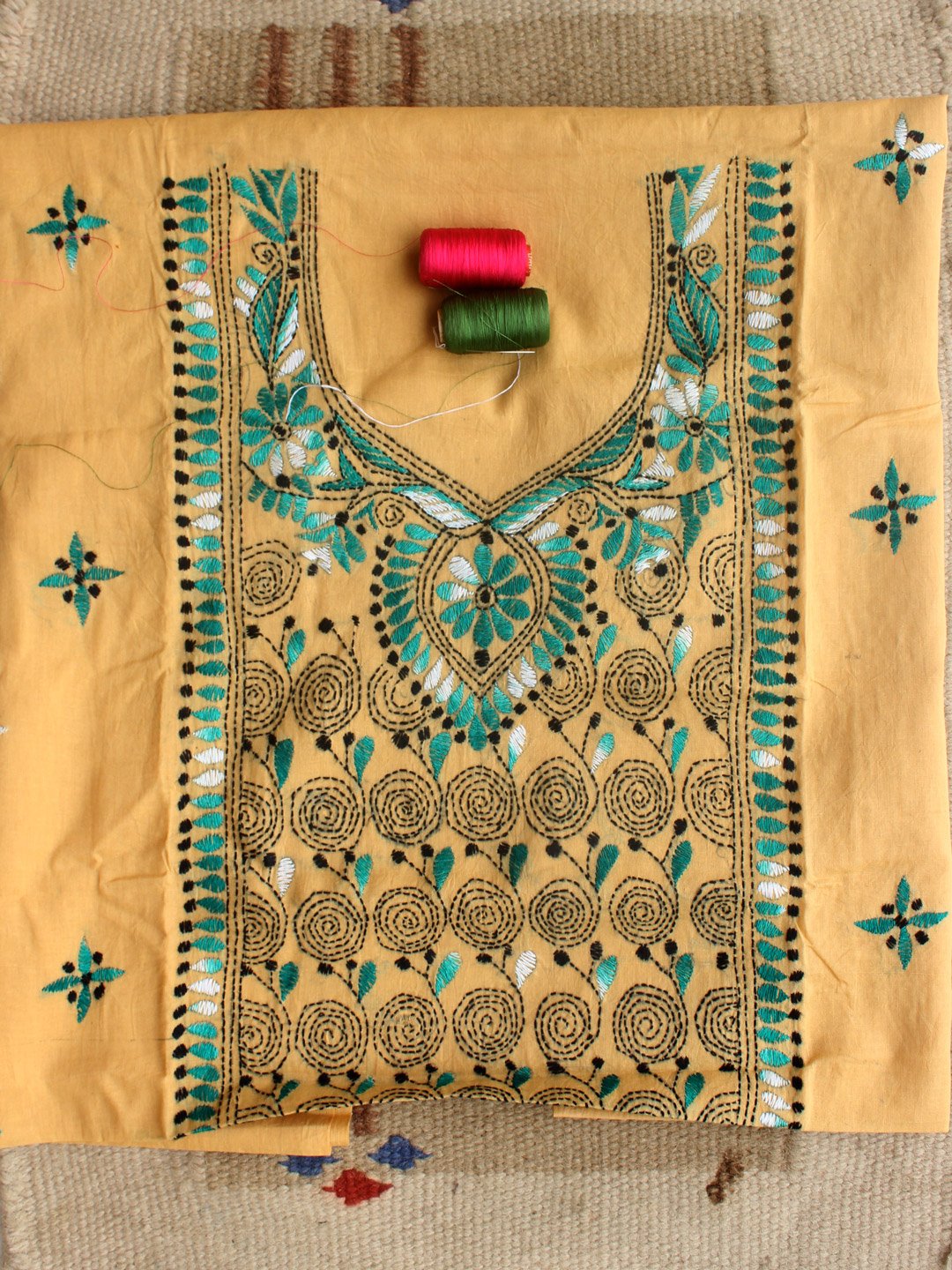Green-black-kanthawork-on-beige-cotton-kurta-fabric Green-black-kanthawork-on-beige-cotton-kurta-fabric