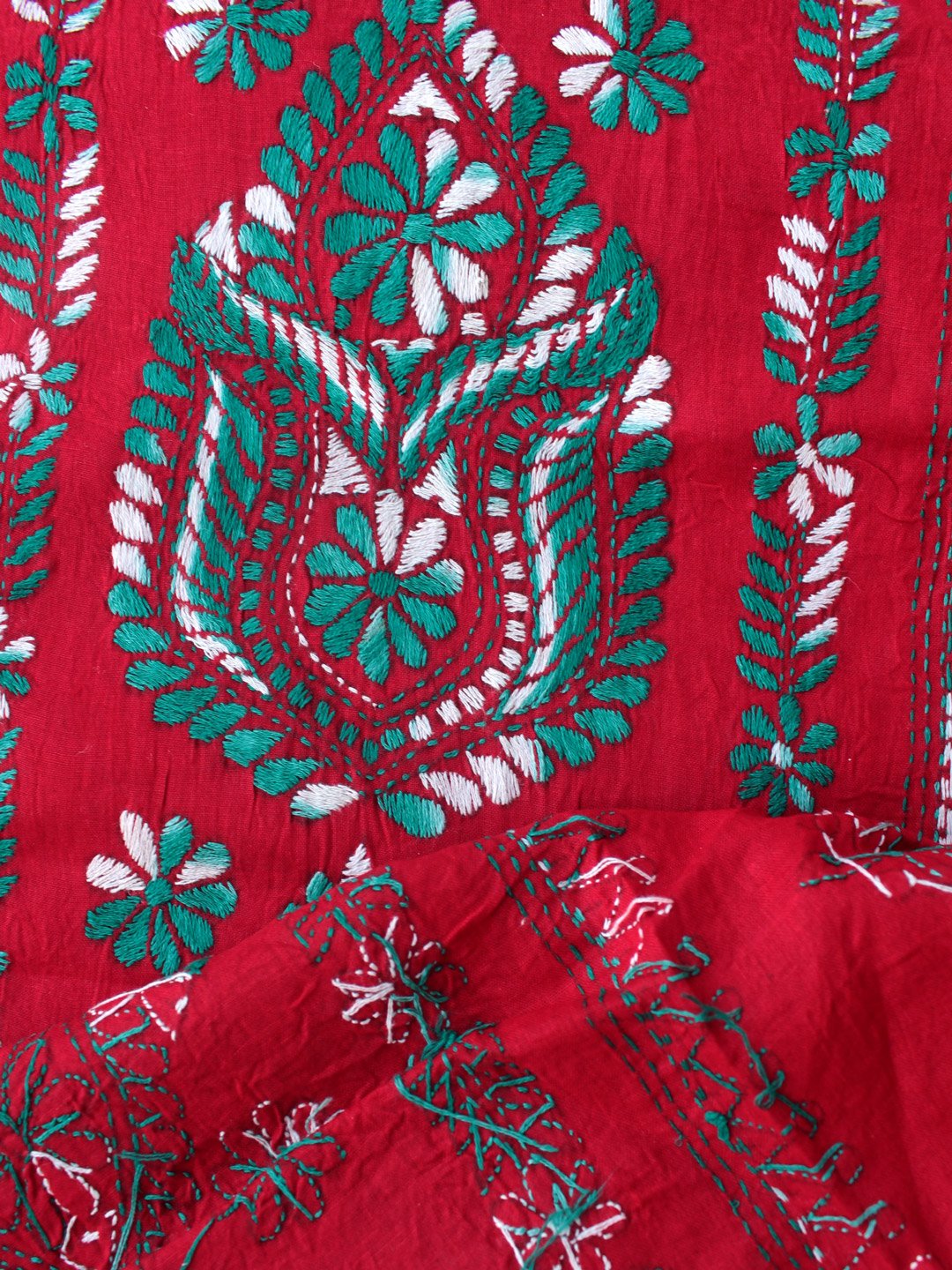 Green-kanthaa-embroidered,-Dark-red-ladies-kurta-fabric
