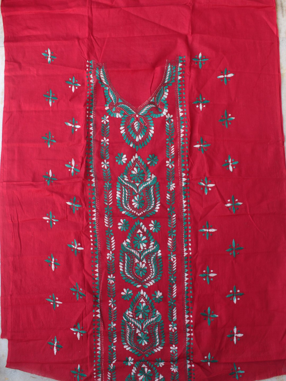 Green-kanthawork-on-Dark-red-unstitched-cotton-kurta