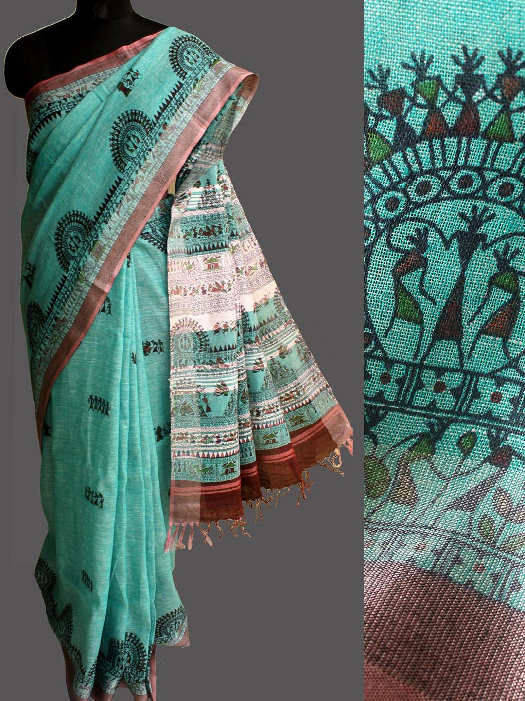 Green-warli-linen-saree Green-warli-linen-saree