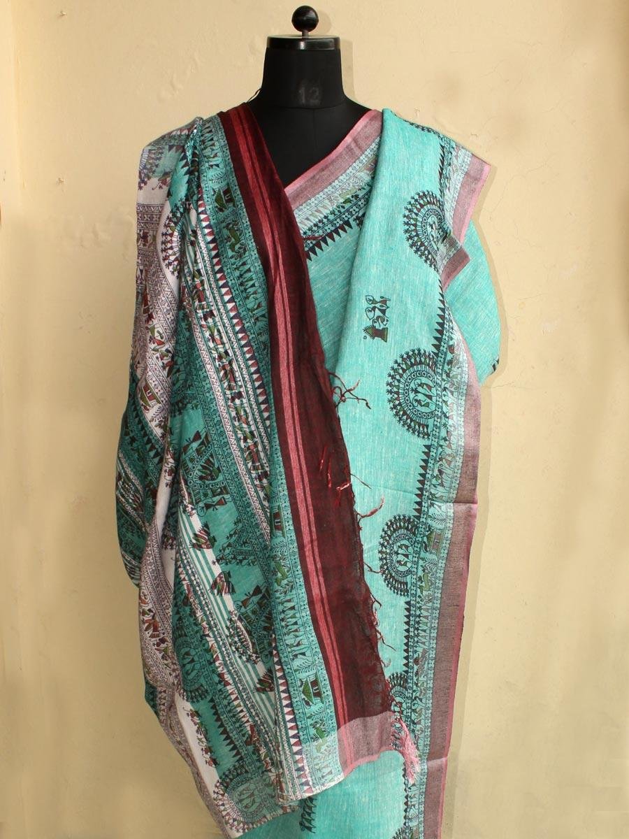 Green-warli-printed-linen-sari Green-warli-printed-linen-sari at Shilphaat