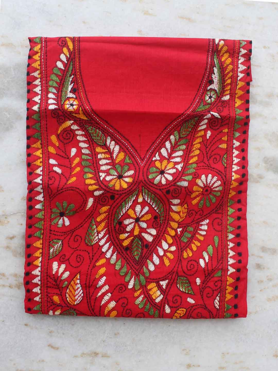 Green,-yellow,-white-on-red-kanthawork-cotton-fabric Green,-yellow,-white-on-red-kanthawork-cotton-fabric