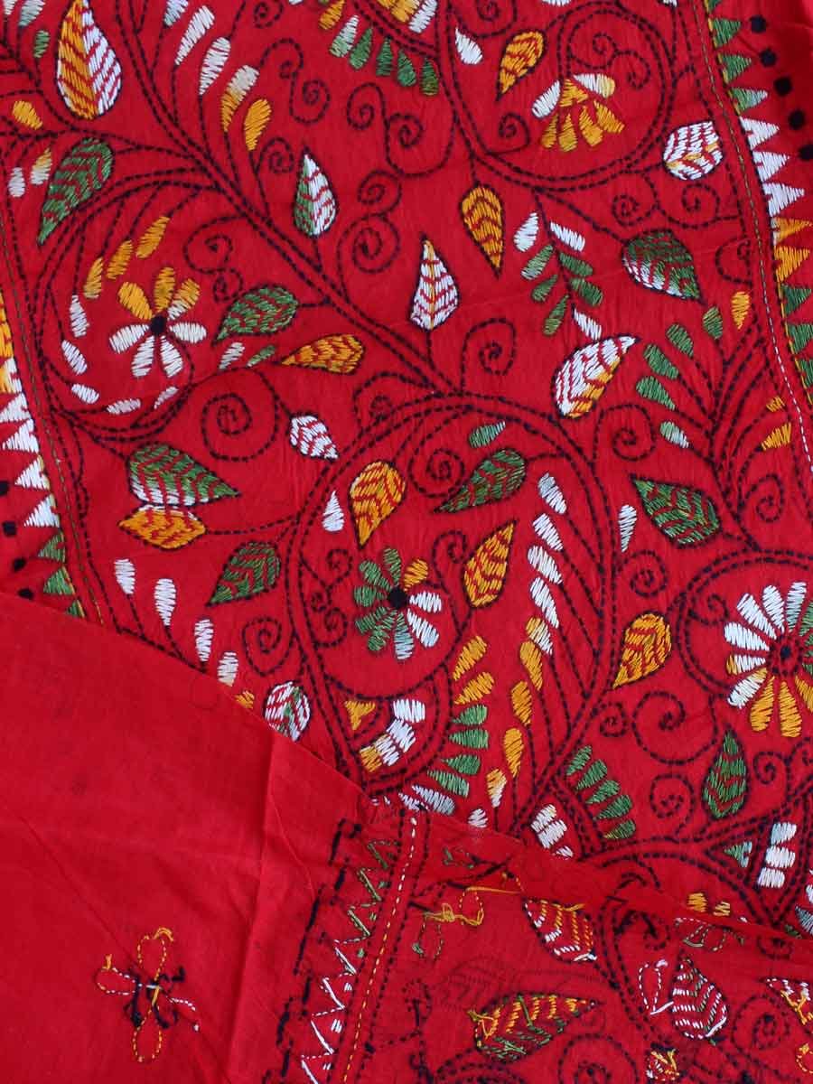 Green,-yellow,-white-on-red-kanthawork-ladies-kurta-fabric