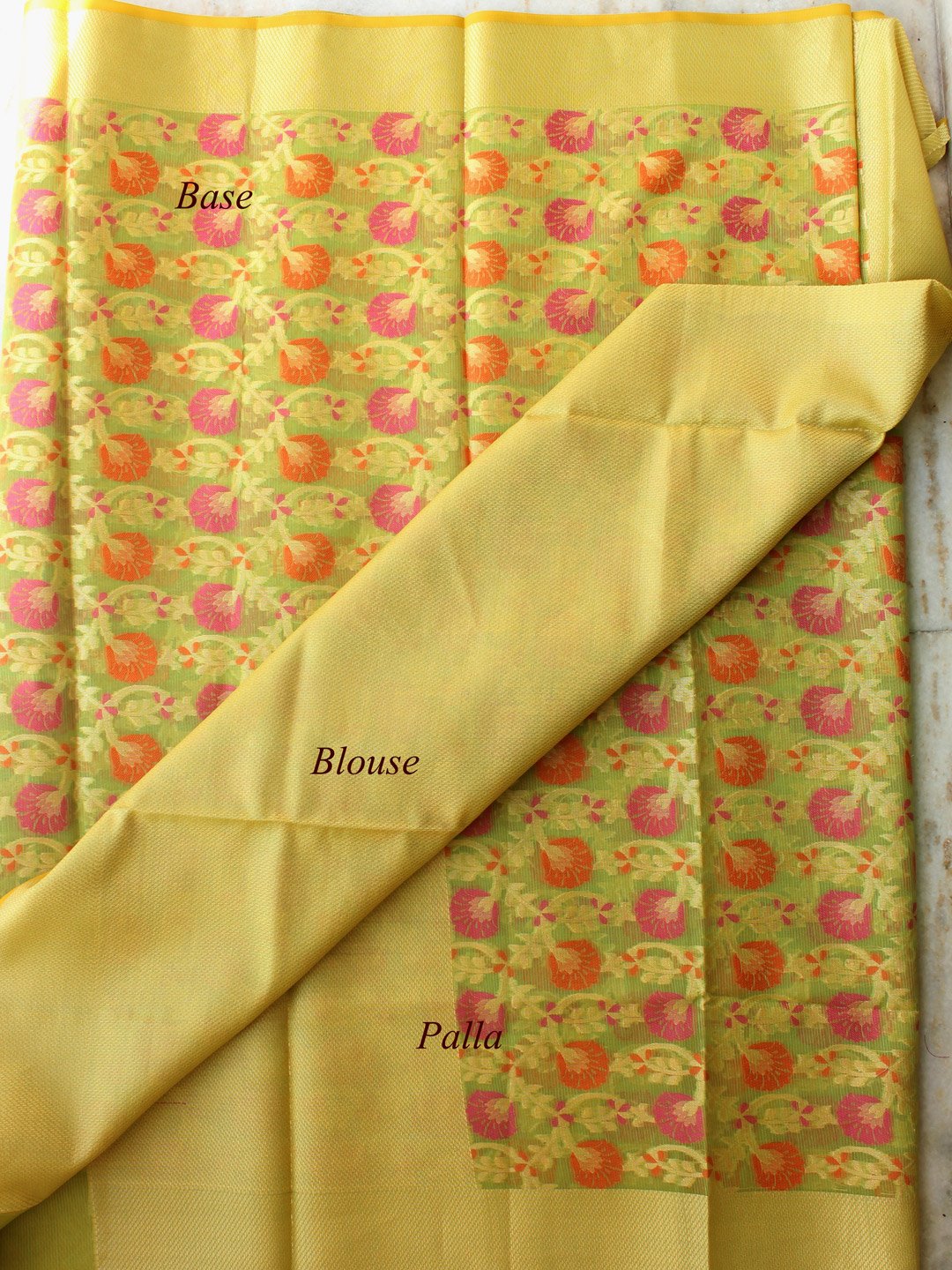 Greenish-yellow-banarsi-kora-silk-sari Greenish-yellow-banarsi-kora-silk-sari