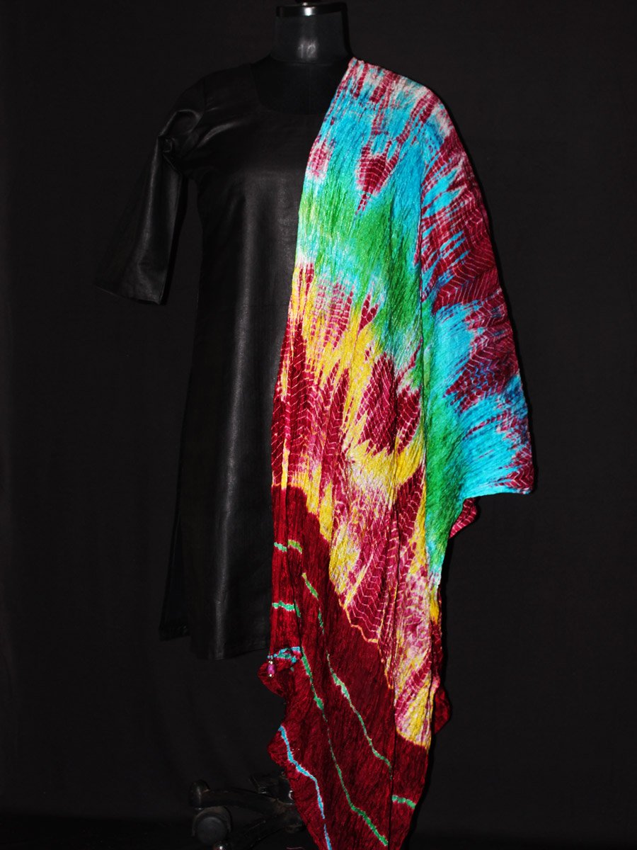 Multicolor,maroon border, Shibori-Laheriya, Silk dupatta Multicolor,maroon border, Shibori-Laheriya, PolySilk dupatta
