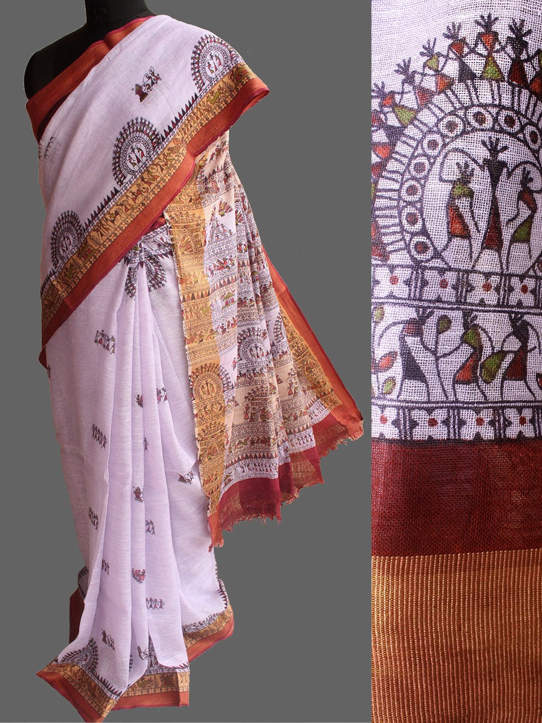 Lailac-warli-linen-saree Lailac-warli-linen-saree