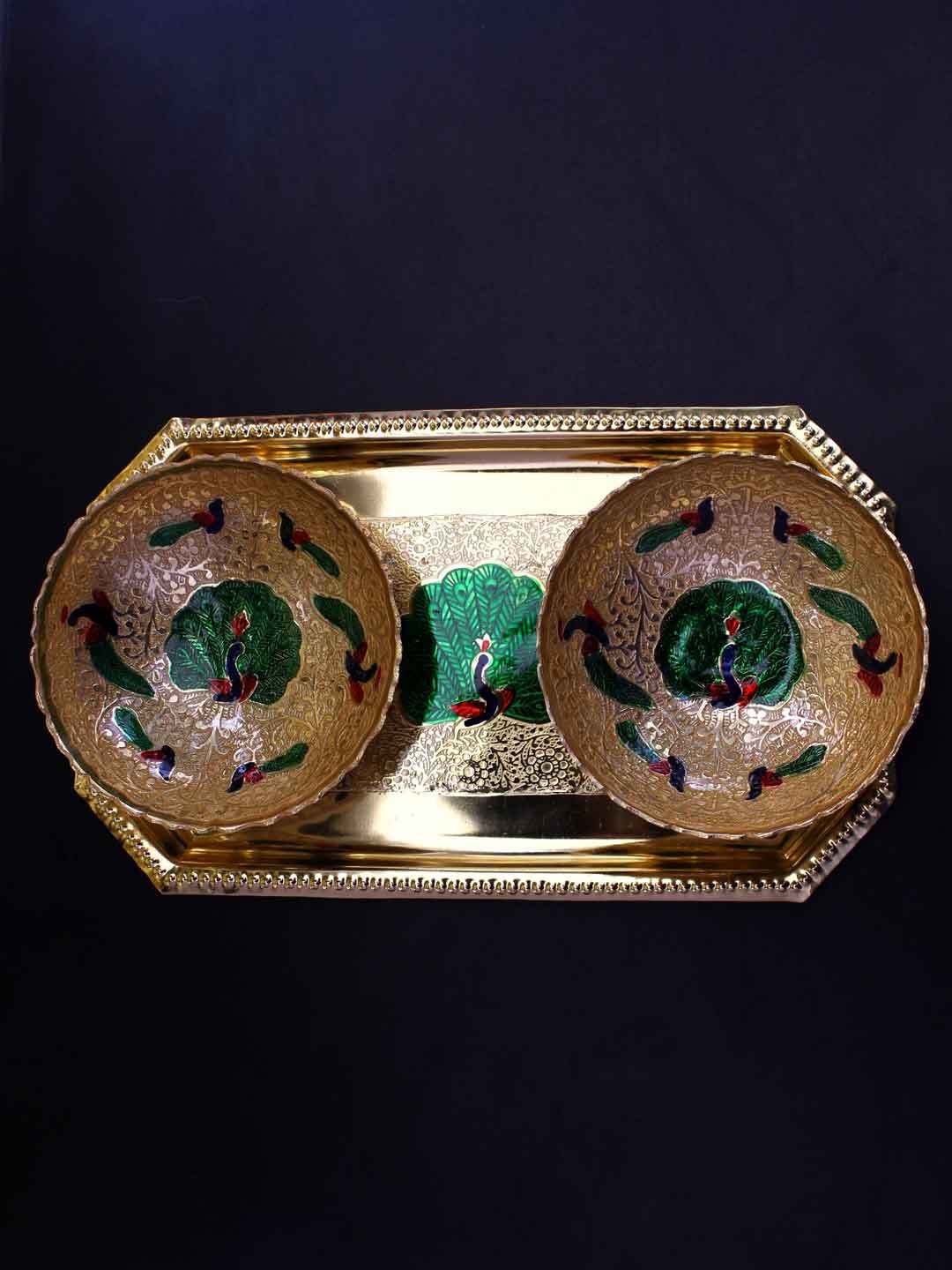 Moradabad-Golden-tray-two-bowls-serving-set Moradabad-Golden-tray-two-bowls-serving-set