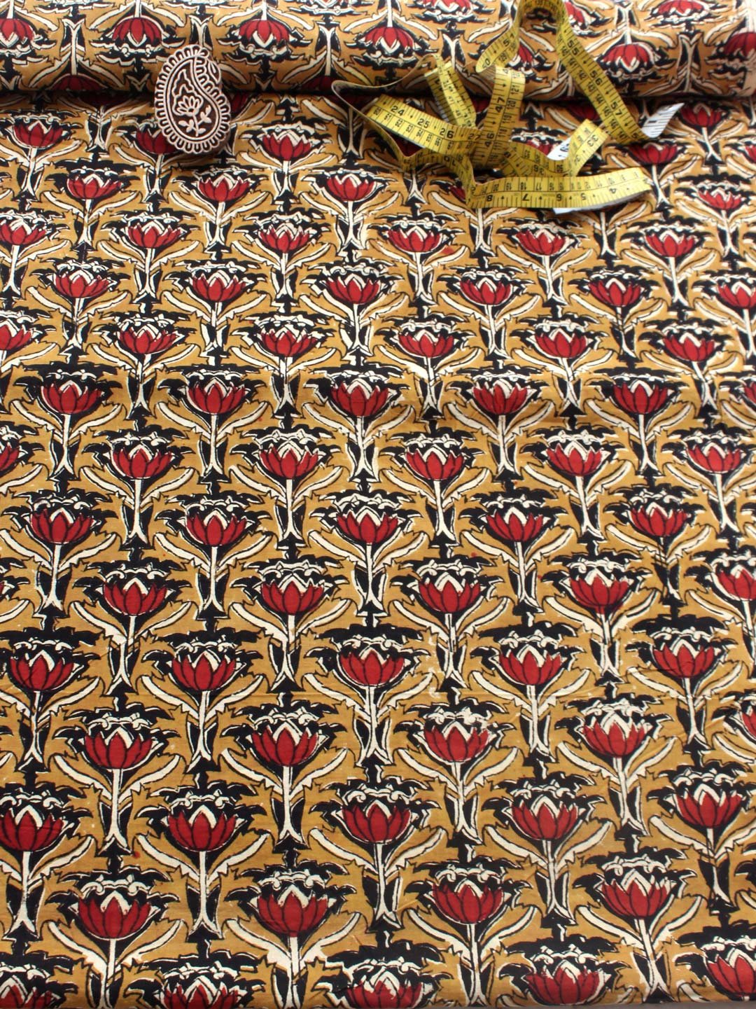Mud-yellow,-Red-lotus-Bagru-Block-print-cotton-fabric-Shilphaat Mud-yellow,-Red-lotus-Bagru-Block-print-cotton-fabric-Shilphaat