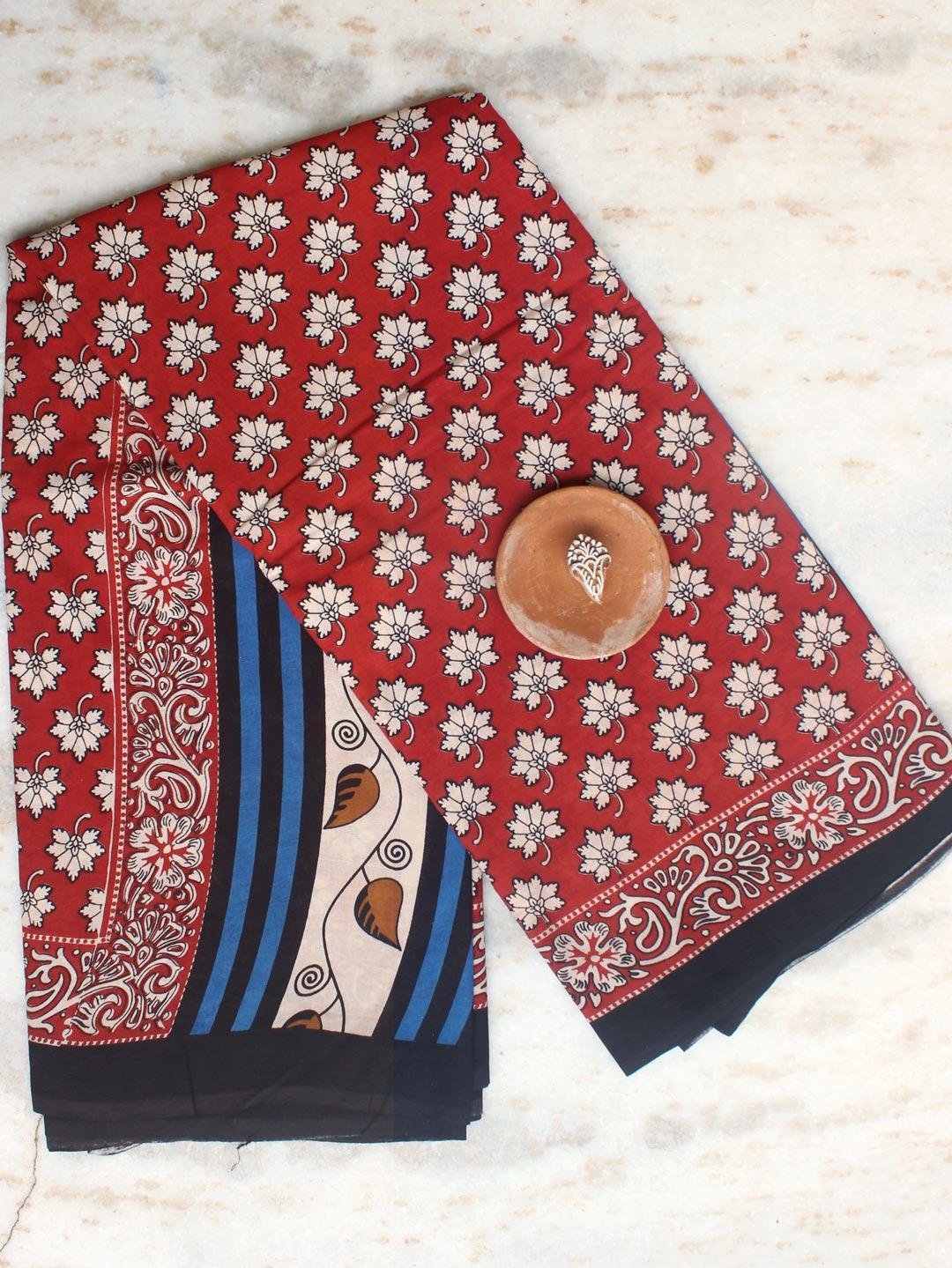 Off-white-and-red-block-printed-mul-cotton-sari Off-white-and-red-block-printed-mul-cotton-sari at Shilphaat.com