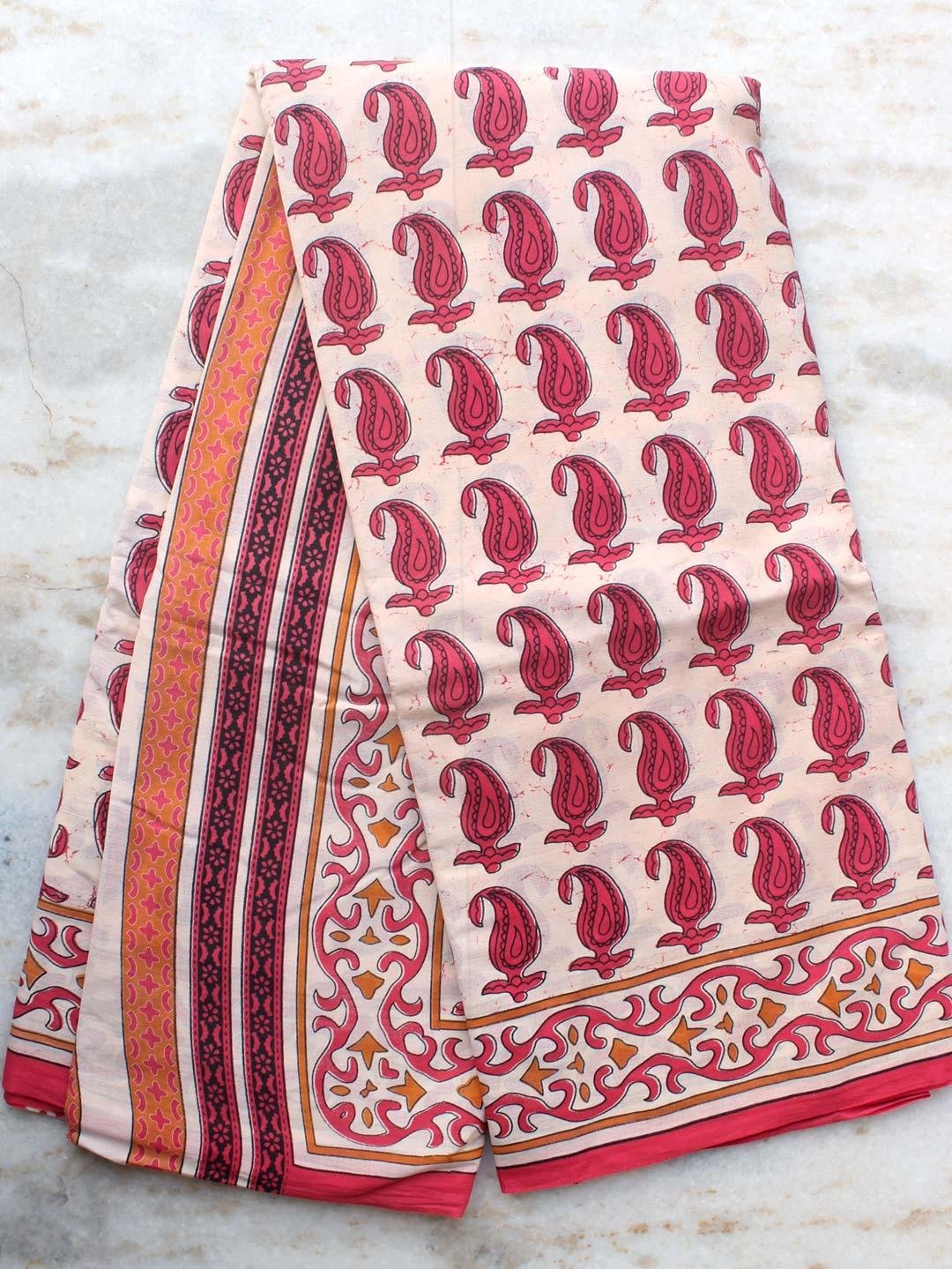 Off-white-and-reddish-pink-block-printed-pure-cotton-sari Off-white-and-reddish-pink-block-printed-pure-cotton-sari at Shilphaat.com