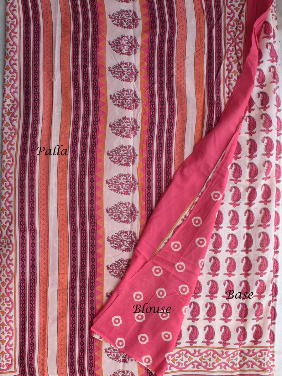 Off-white-and-reddish-pink-mul-cotton-block-printed-sari.Shilphaat Off-white-and-reddish-pink-mul-cotton-block-printed-sari.Shilphaat