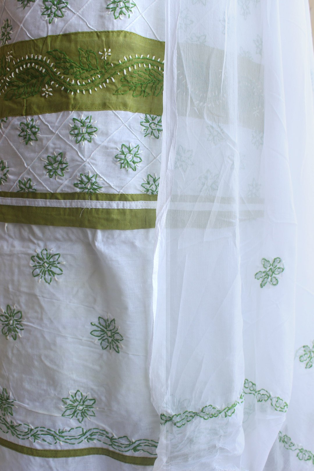 Olive-green-and-white-chikankari-embroidered-cotton-ladies-suit