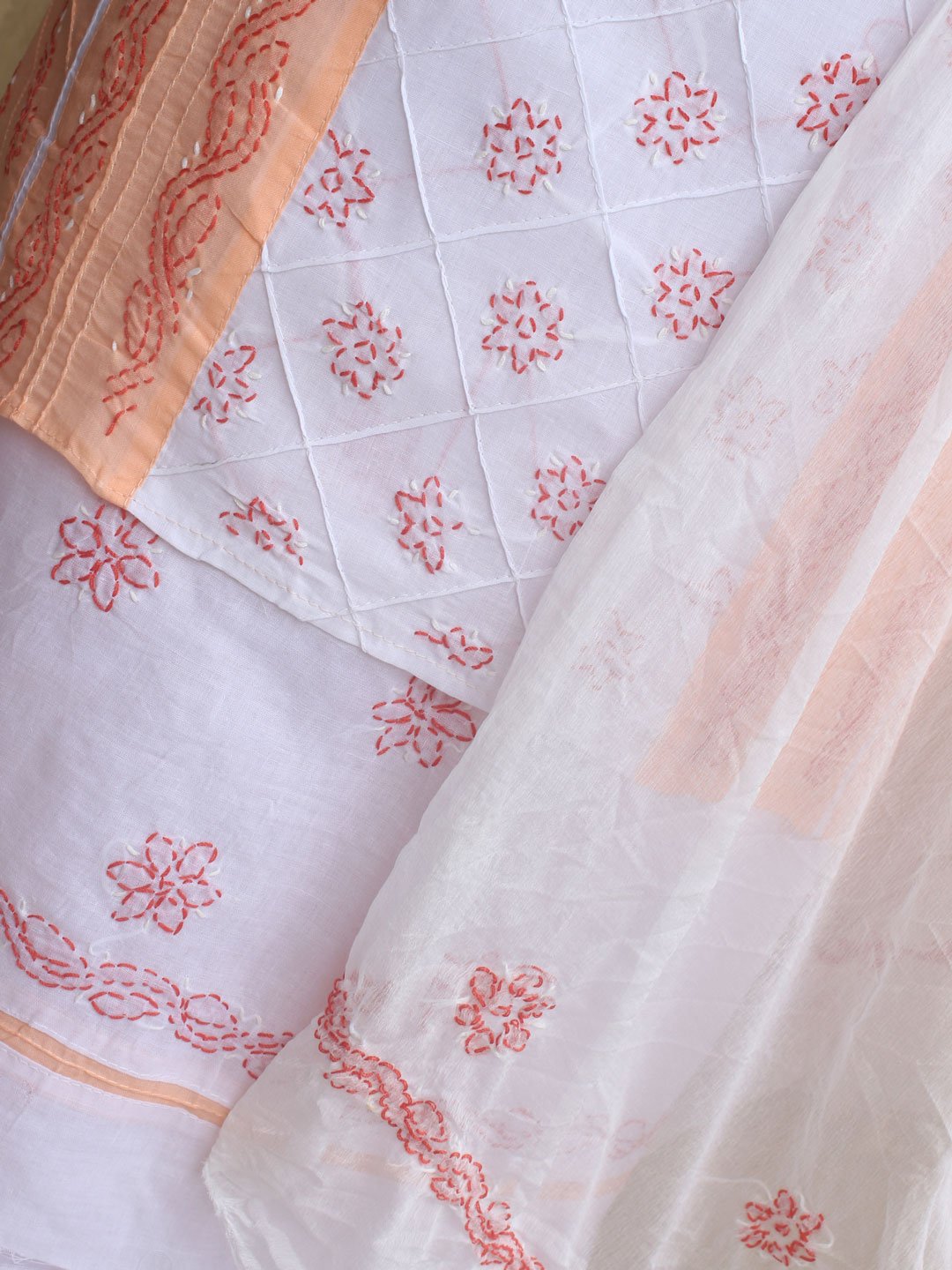 Peach-and-white-cotton-chikankari-dress-material