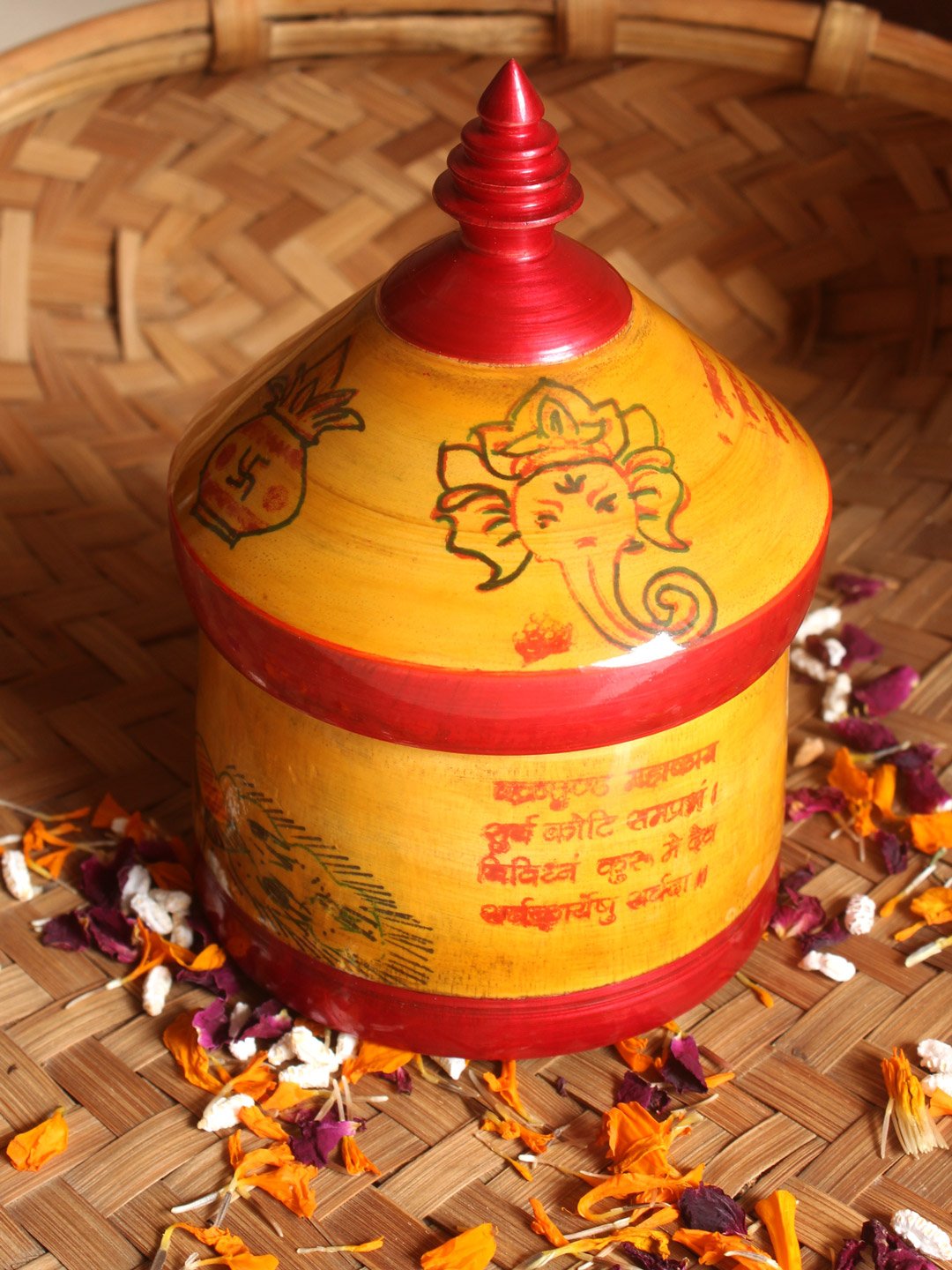 Peacock-ganesha-vishnu-shlok-on-yellow-wooden-sindoor-box Peacock-ganesha-vishnu-shlok-on-yellow-wooden-sindoor-box