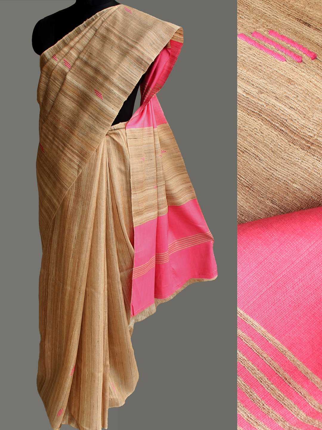 Pink-eri-silk-palla,-beige-katiya-tussar-silk-saree Pink-eri-silk-palla,-beige-katiya-tussar-silk-saree