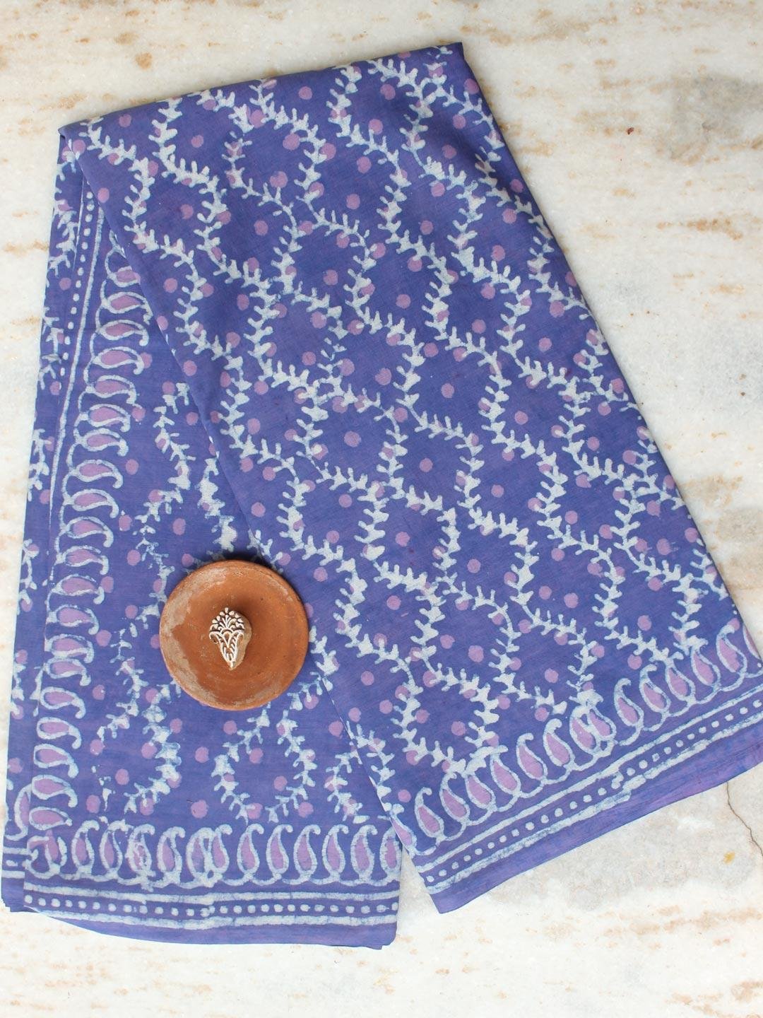 Purple-and-pink-block-printed,-mul-cotton-sari Purple-and-pink-block-printed,-mul-cotton-sari at Shilphaat.com
