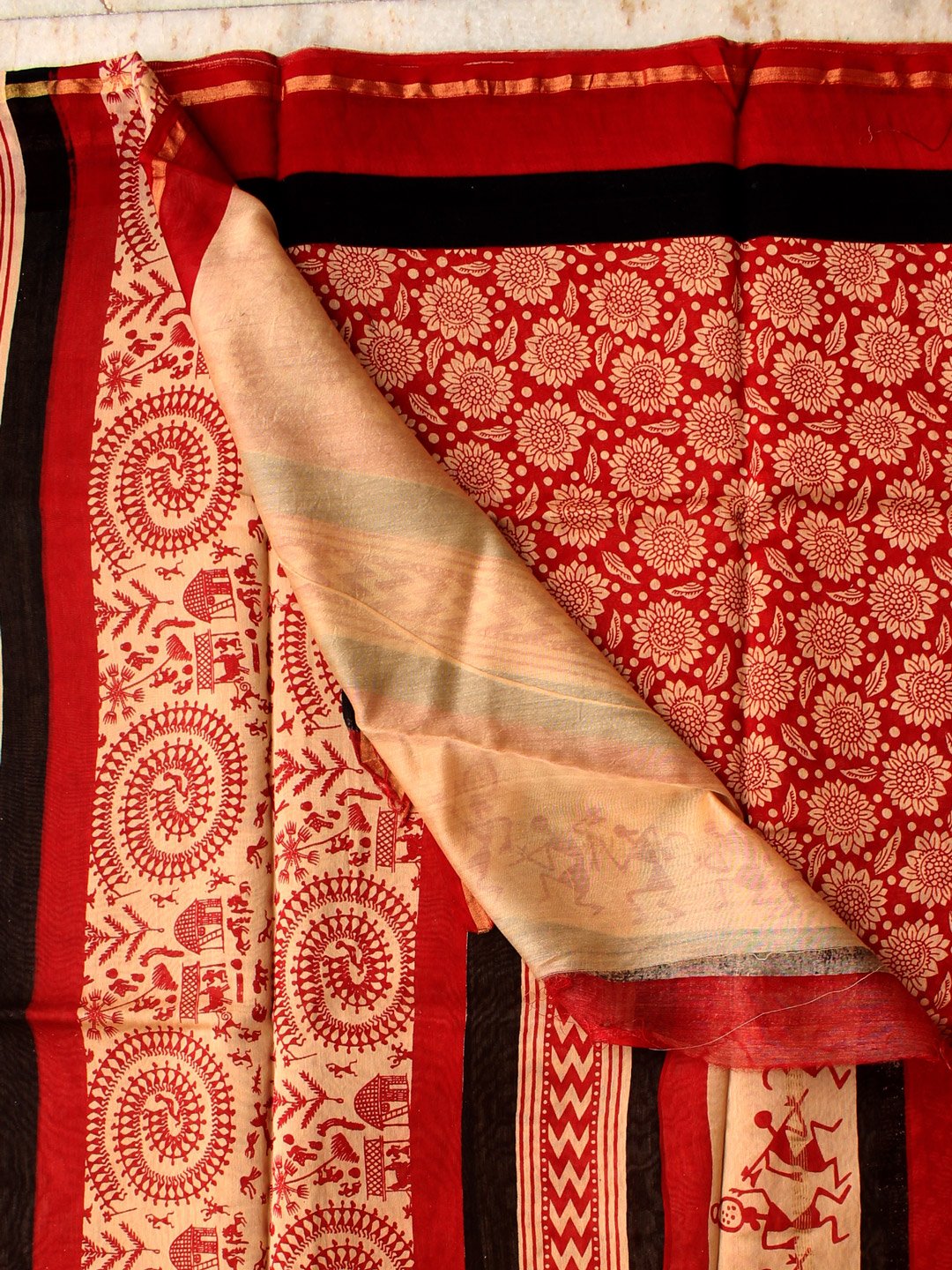 Red-and-Black-block-printed-silk-cotton-saree