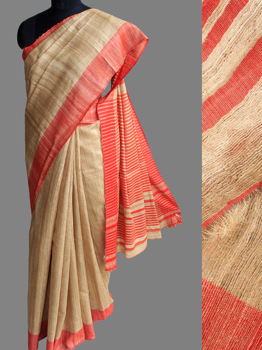 Red-and-beige-ghicha-tussar-silk-saree Red-and-beige-ghicha-tussar-silk-saree