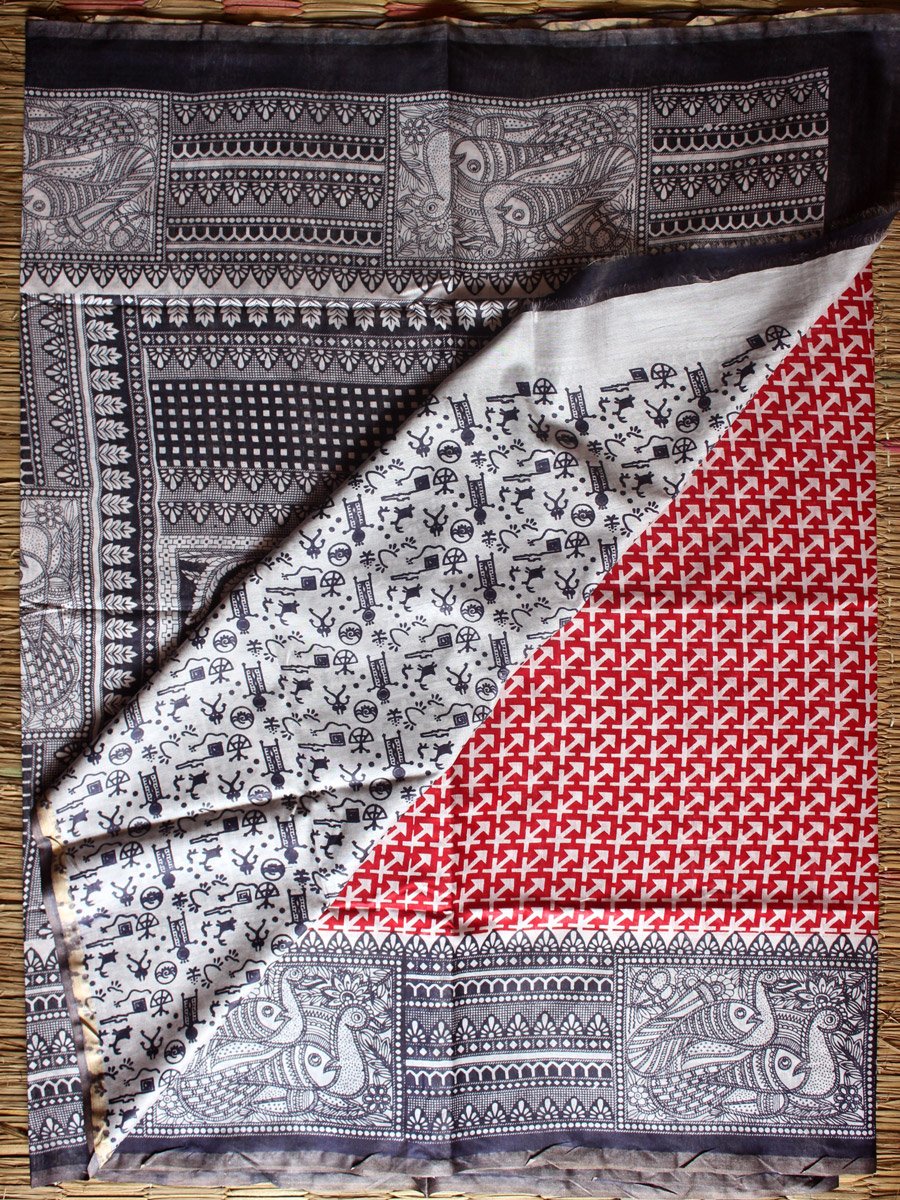 Red-black-and-white-madhubani-Bhagalpuri-saree Red-black-and-white-madhubani-Bhagalpuri-saree