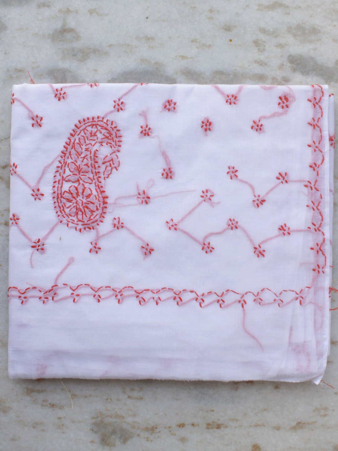 Red-chikankari-on-white-cotton-sari- Red-chikankari-on-white-cotton-sari shilphaat