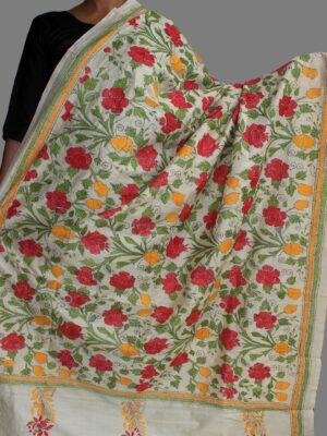Red-yellow-roses-kanthawork-tussar-silk-dupatta-Shilphaat