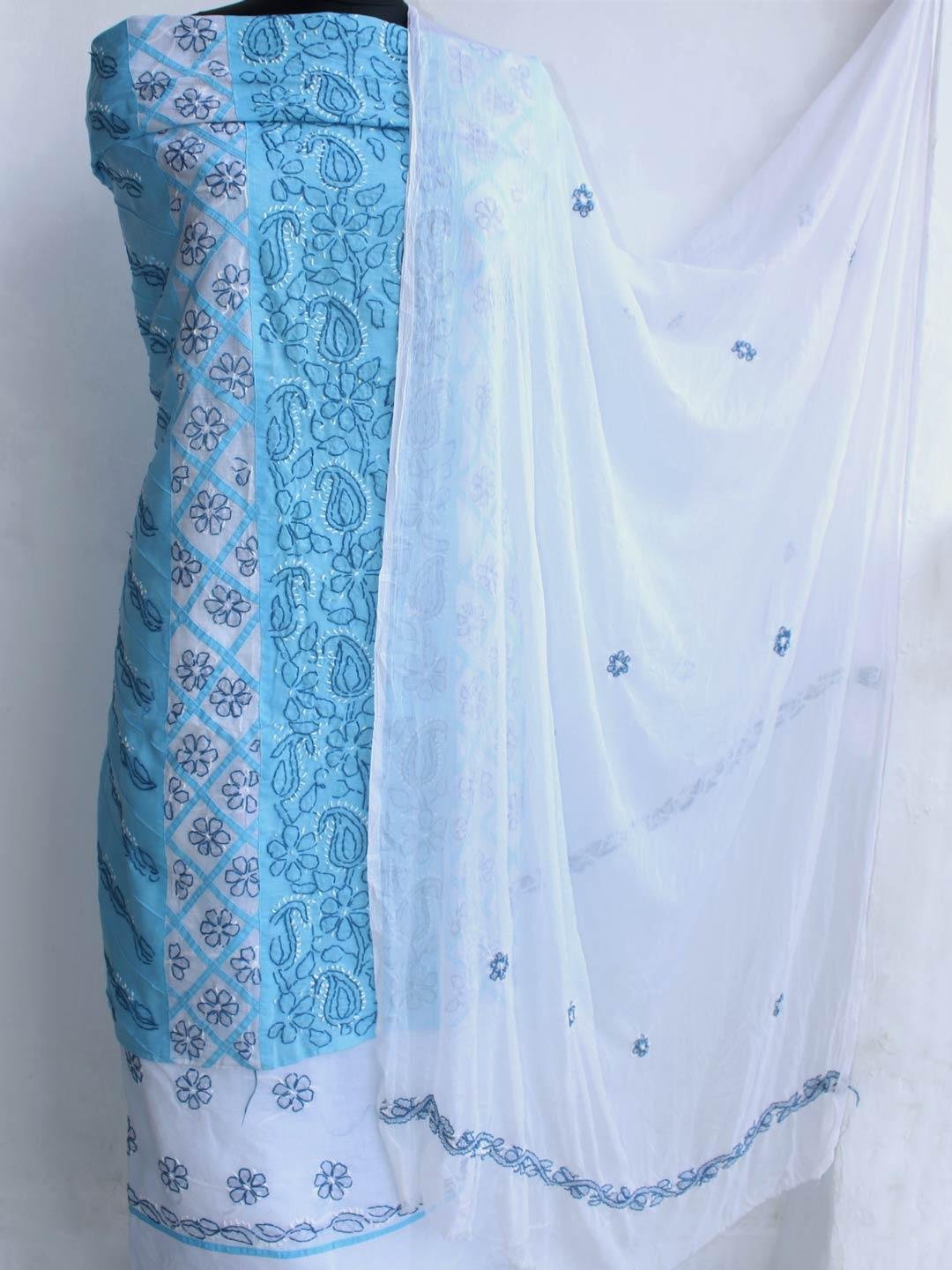 Sky-blue-and-white-cotton-chikankari-suit-material Sky-blue-and-white-cotton-chikankari-suit-material at Shilphaat.com