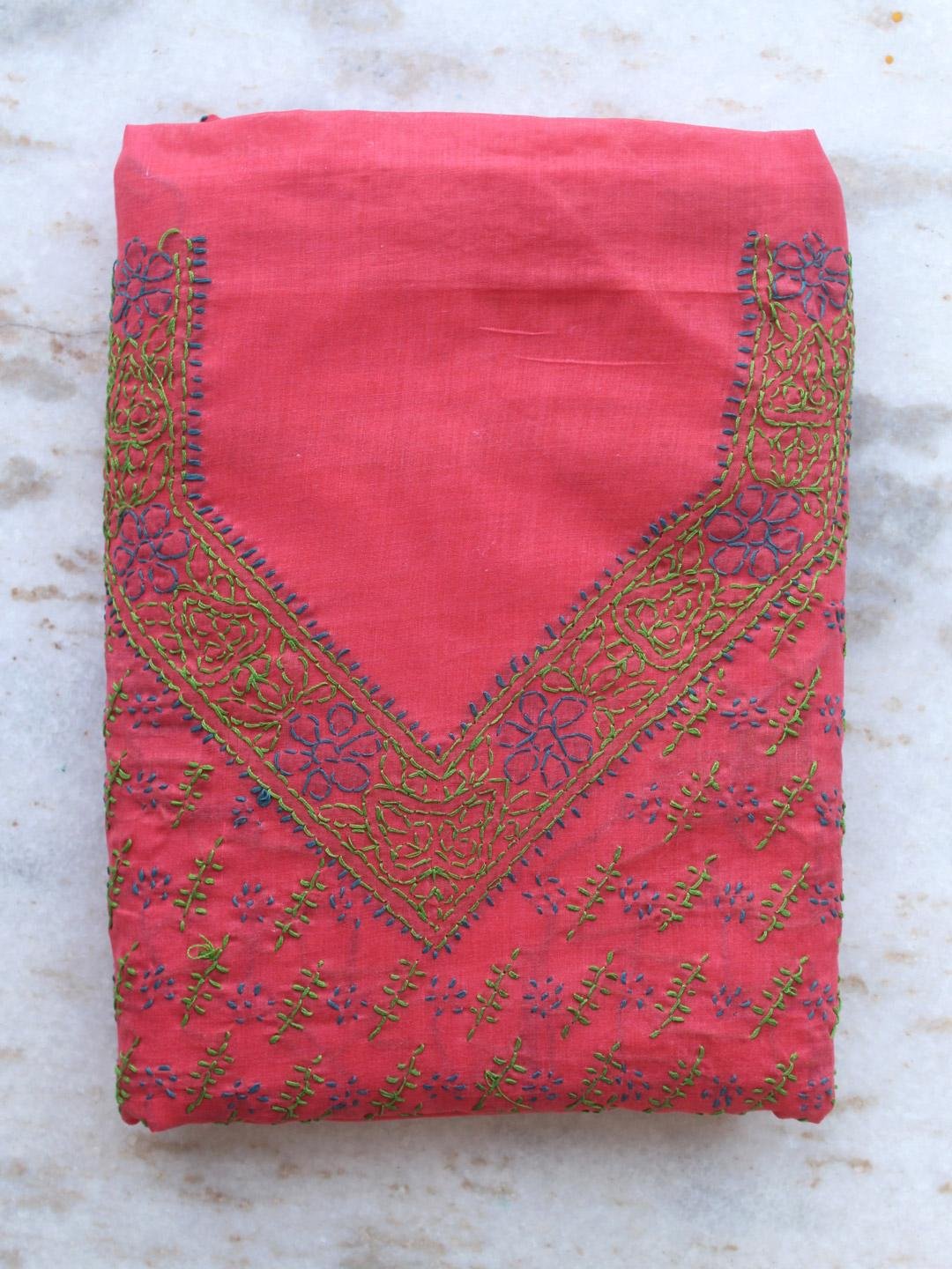 Tomato-Red-Chikankari-embroidered-Cotton-dress-material Tomato-Red-Chikankari-embroidered-Cotton-dress-material at Shilphaat