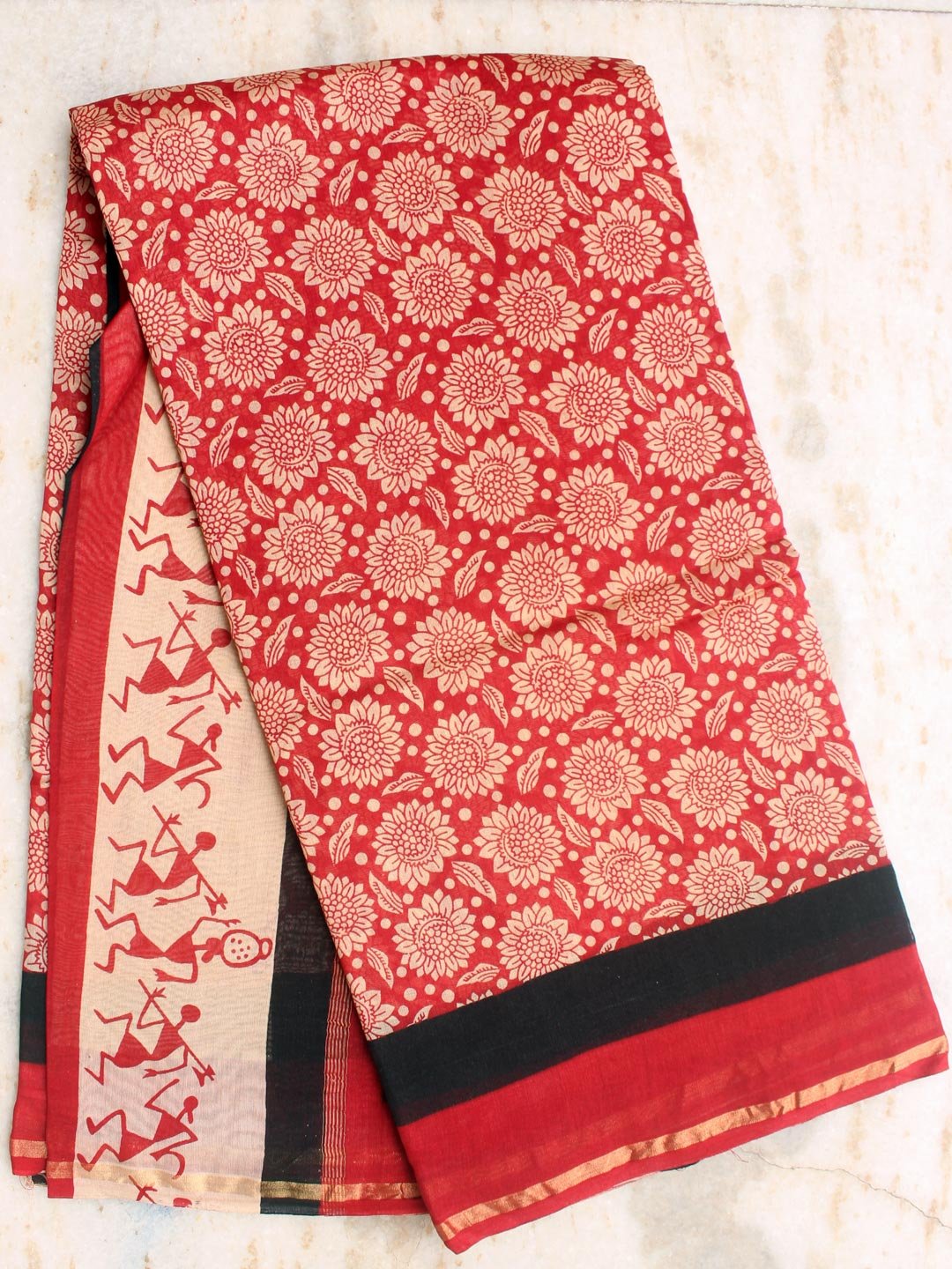 Warli-palla-red-and-beige-block-printed-Chanderi silk-cotton-sari Warli-palla-red-and-beige-block-printed-Chanderi silk-cotton-sari