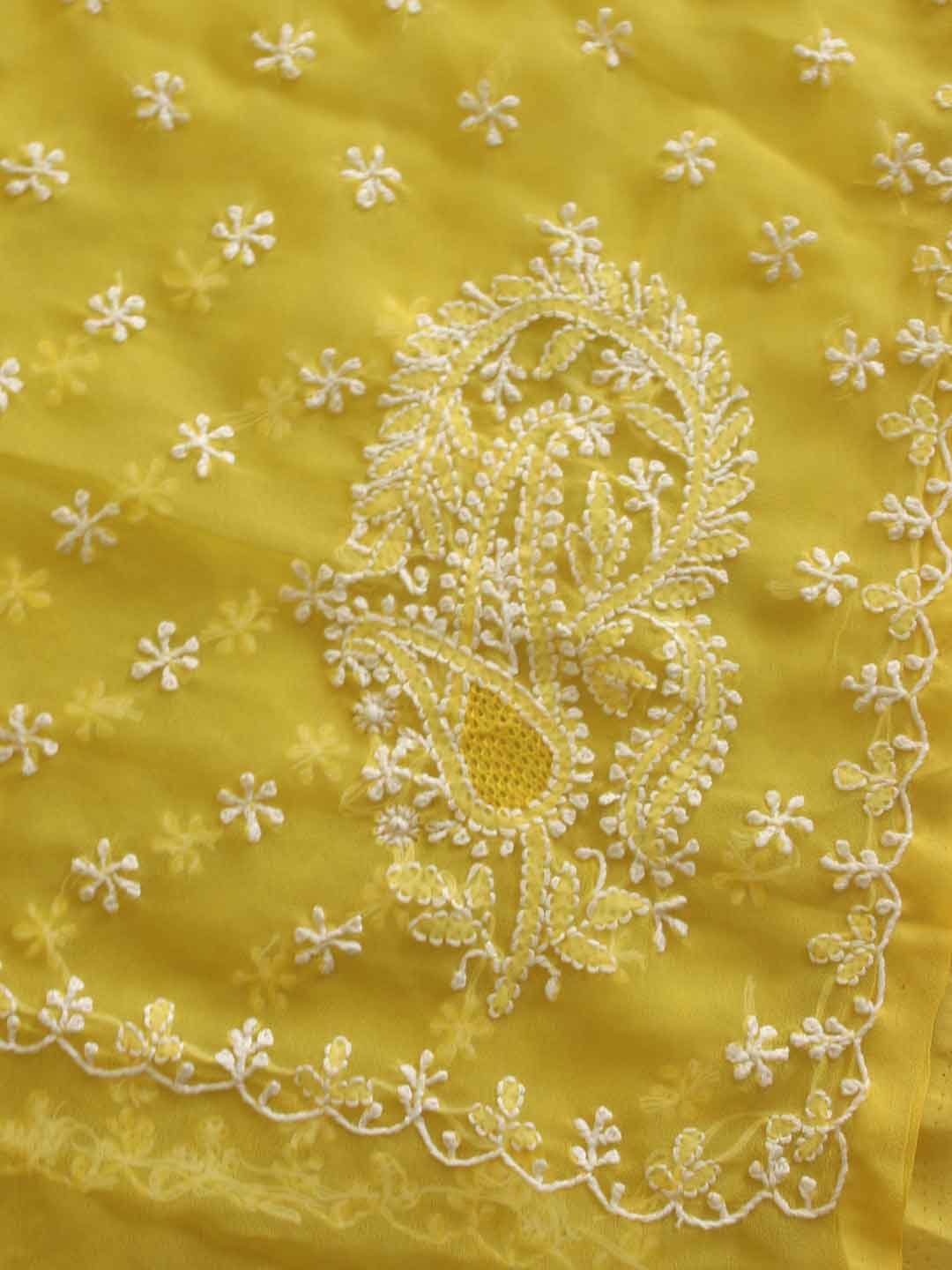 Yellow-and-white-Chikankari-embroidered-jorjet-sari Yellow-and-white-Chikankari-embroidered-jorjet-sari