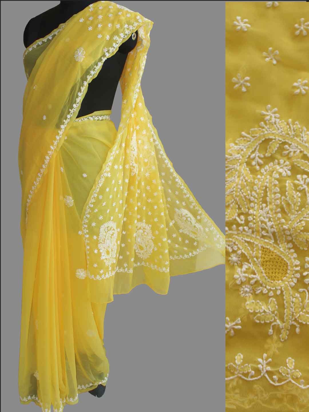Yellow-and white chikankari-georgette-saree Yellow-and white chikankari-georgette-saree